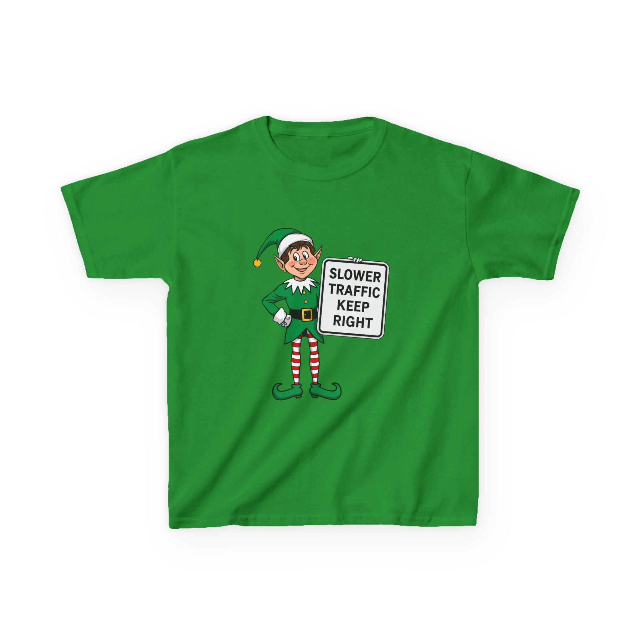 Funny Elf Traffic Kids Christmas Shirt – Slower Traffic Keep Right Holiday Tee | Cute Christmas Elf Humor | Gildan 5000B
