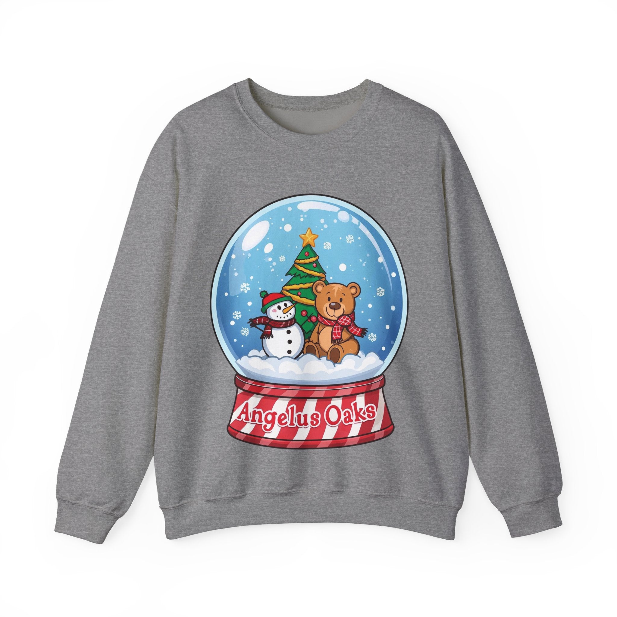Angelus Oaks Christmas Sweatshirt – Snow Globe Bear & Snowman Crewneck | Cozy Mountain Town Holiday Sweater | Gildan 18000