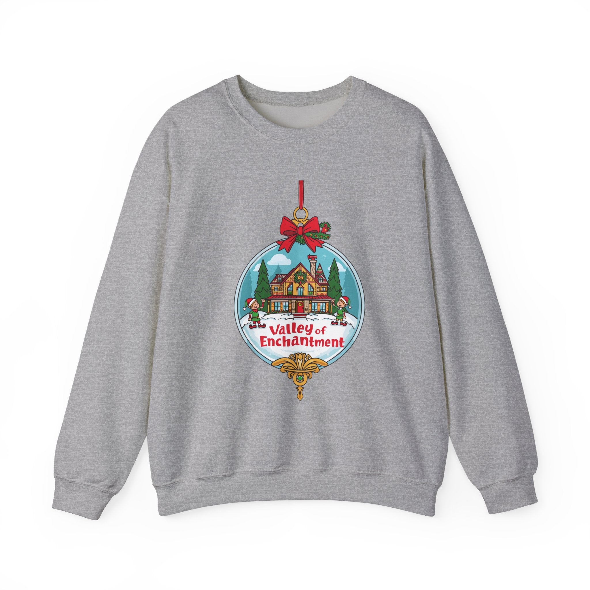 Valley of Enchantment Christmas Sweatshirt – Cute Holiday Ornament House & Elves Crewneck | Mountain Town Christmas Gift | Gildan 18000