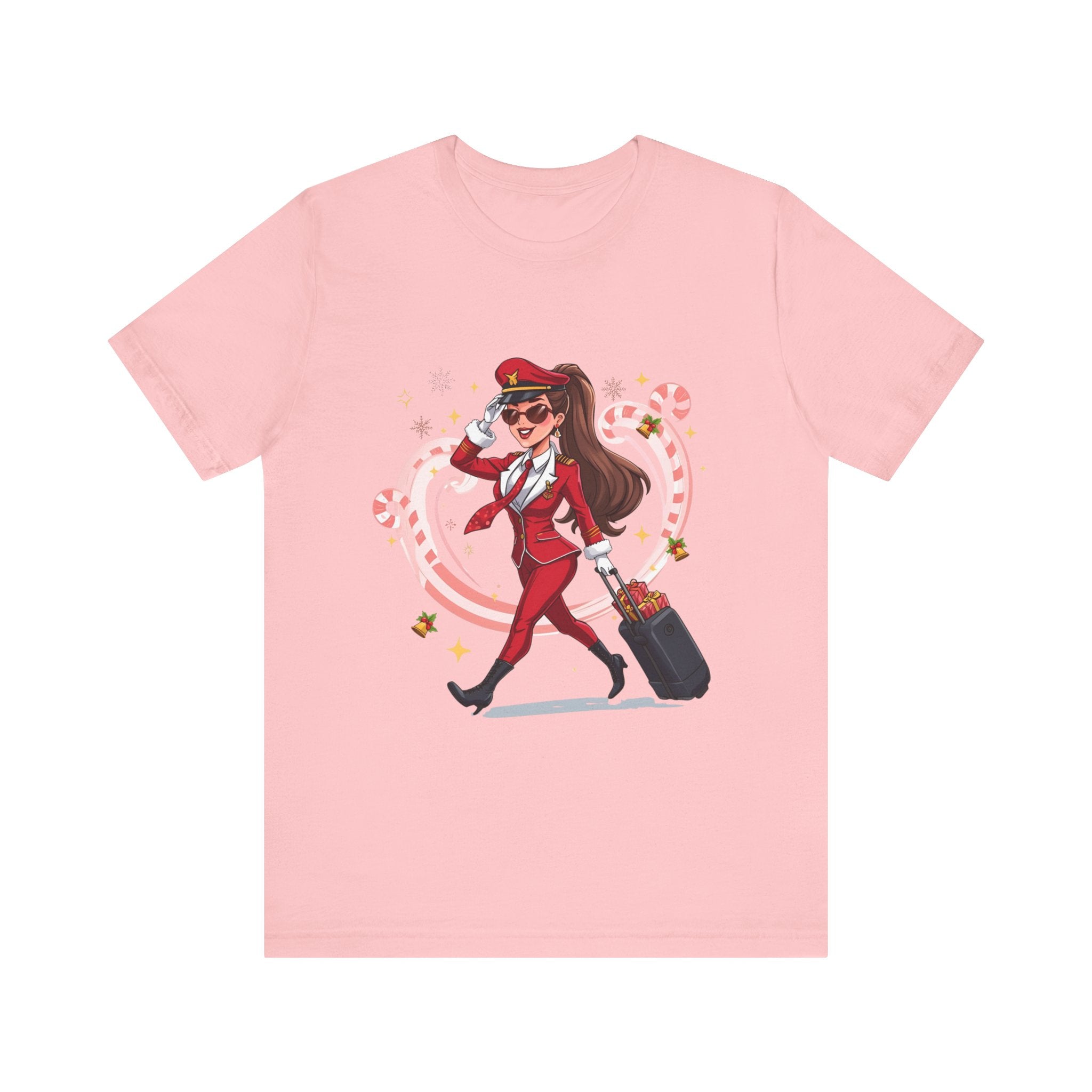 Sassy Pilot Cartoon Tee - Cute Female Pilot Stewardess with Luggage Shirt