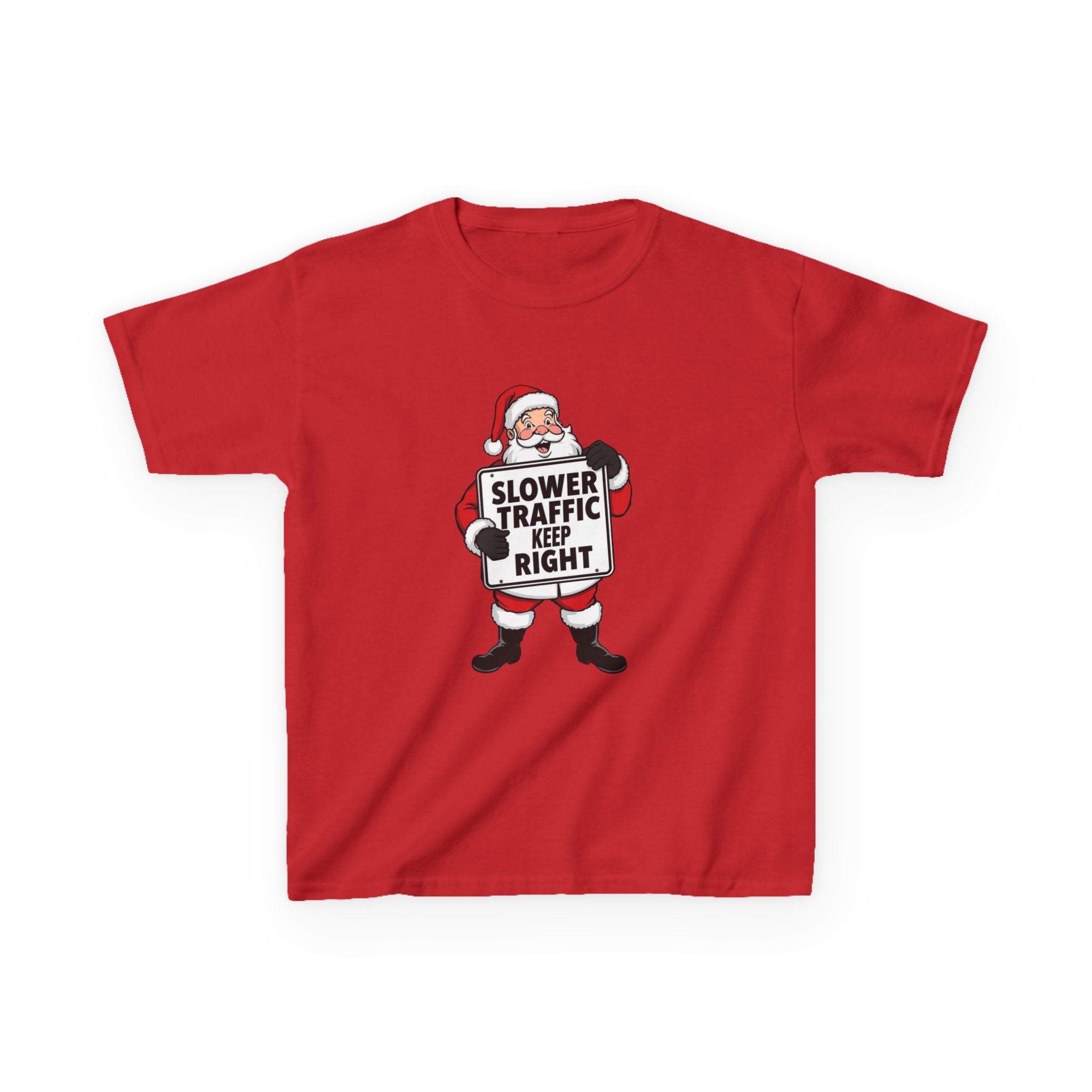 Slower Traffic Keep Right Santa Kids Christmas Shirt – Funny Holiday Driving Sign Tee | Santa Humor Christmas Tee | Youth Gildan 5000B