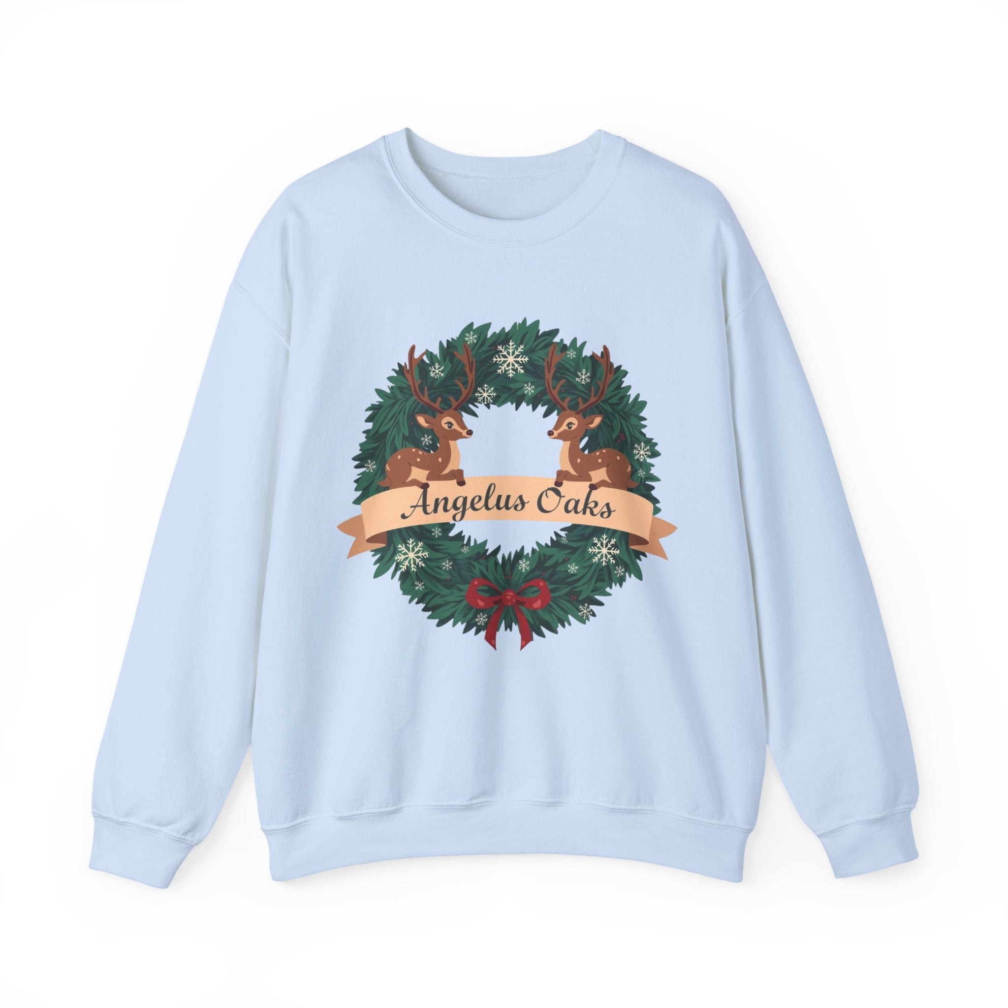 Angelus Oaks Christmas Sweatshirt – Deer Wreath Holiday Crewneck | Cozy Mountain Town Christmas Sweater | Gildan 18000