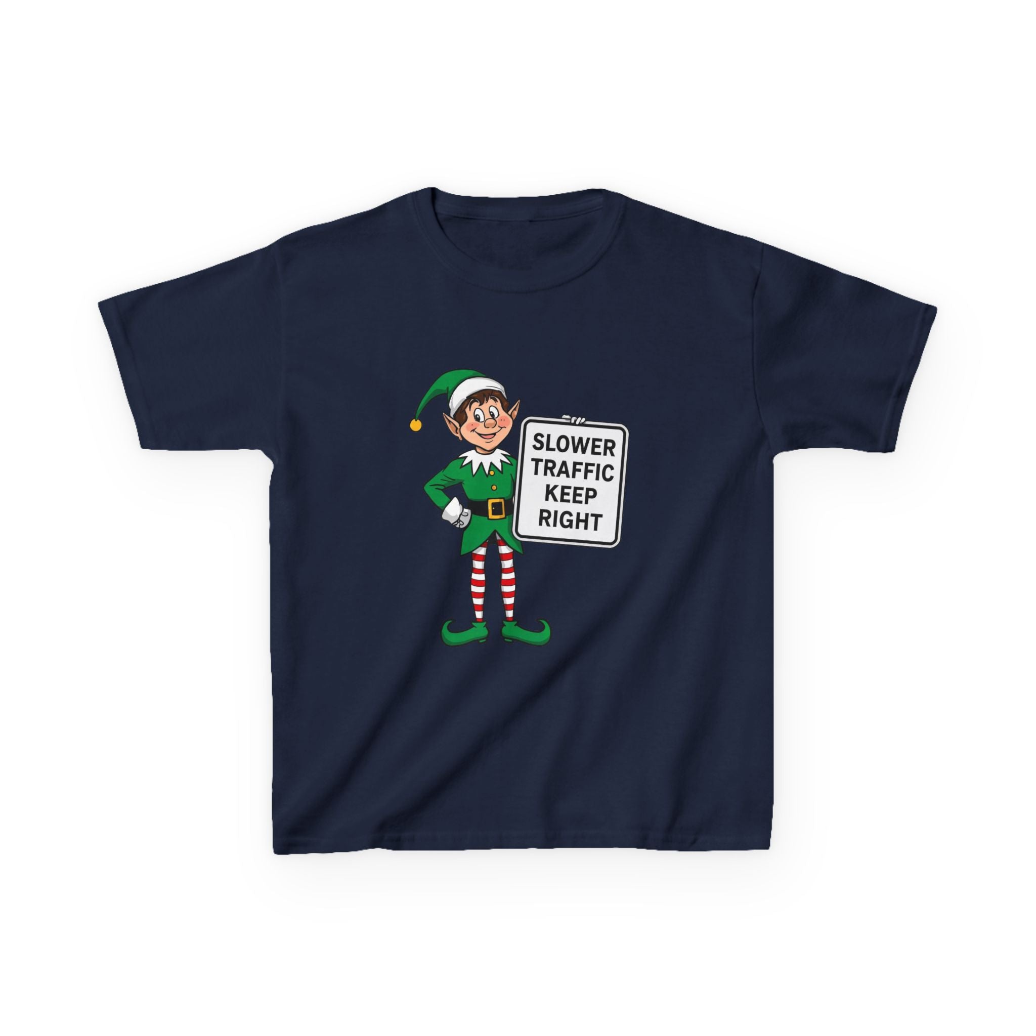 Funny Elf Traffic Kids Christmas Shirt – Slower Traffic Keep Right Holiday Tee | Cute Christmas Elf Humor | Gildan 5000B
