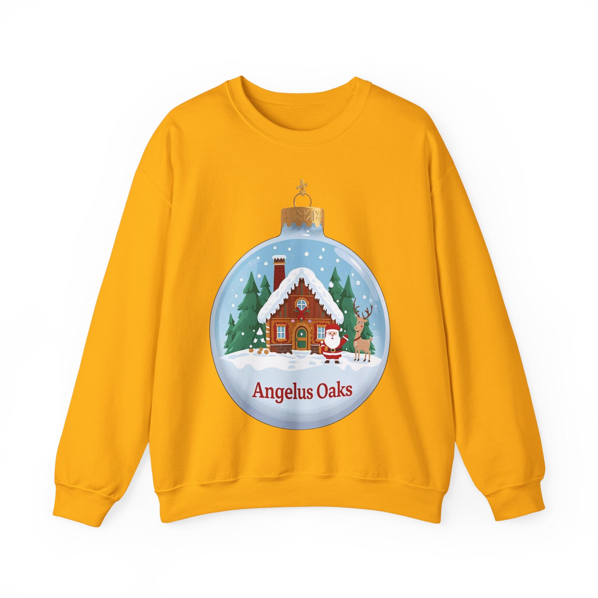 Angelus Oaks Christmas Sweatshirt – Santa & Reindeer Cabin Ornament Crewneck | Mountain Town Holiday Sweater | Gildan 18000