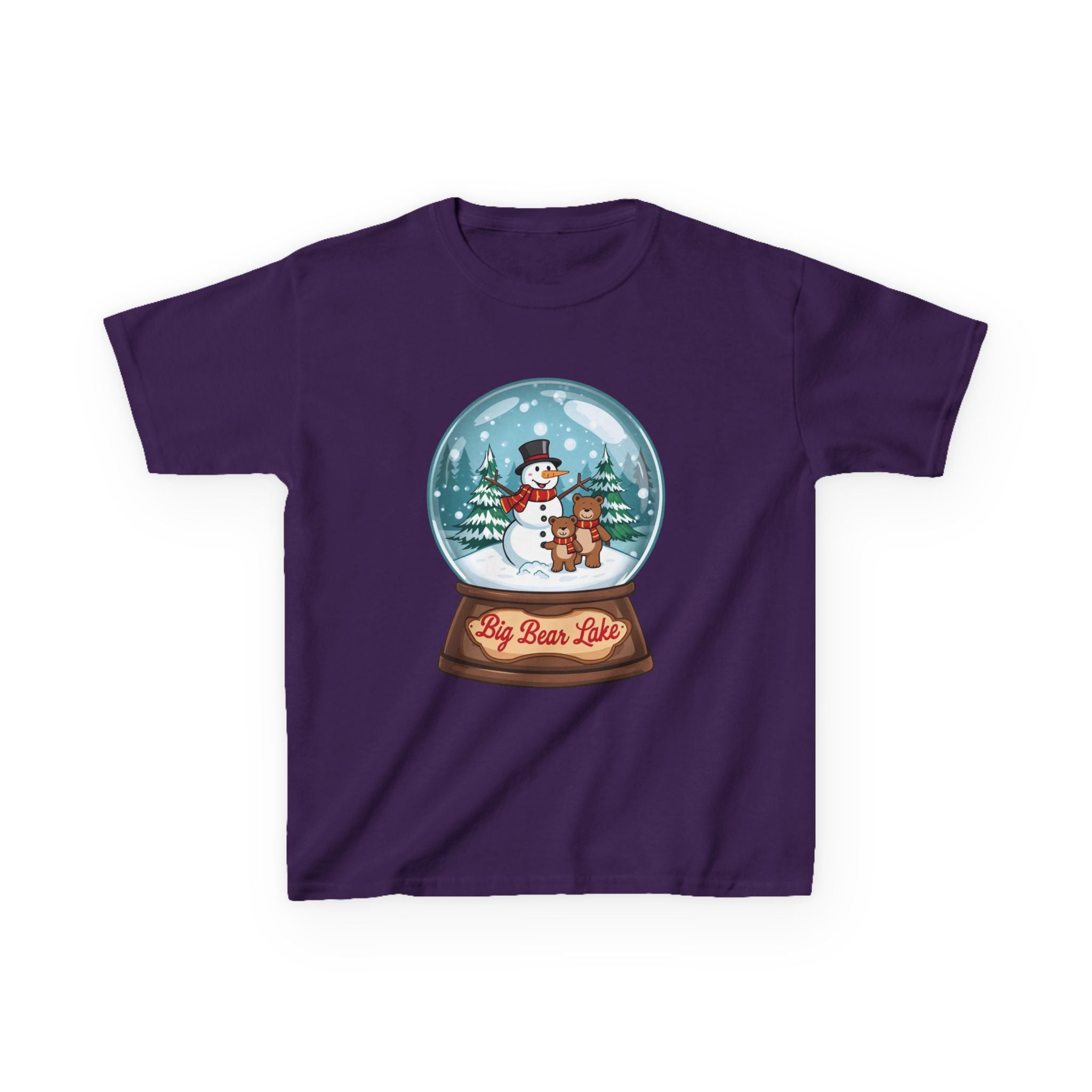 Big Bear Lake Snow Globe Kids Christmas Shirt – Cute Snowman & Bear Holiday Tee | Mountain Winter Cabin Gift | Christmas Kids Tee | Gildan 5000B