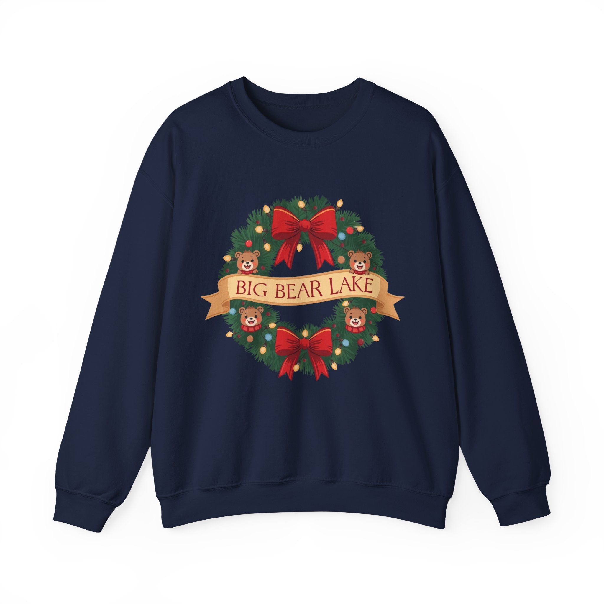 Big Bear Lake Christmas Wreath Sweatshirt — Cute Holiday Bears & Lights | Gildan 18000