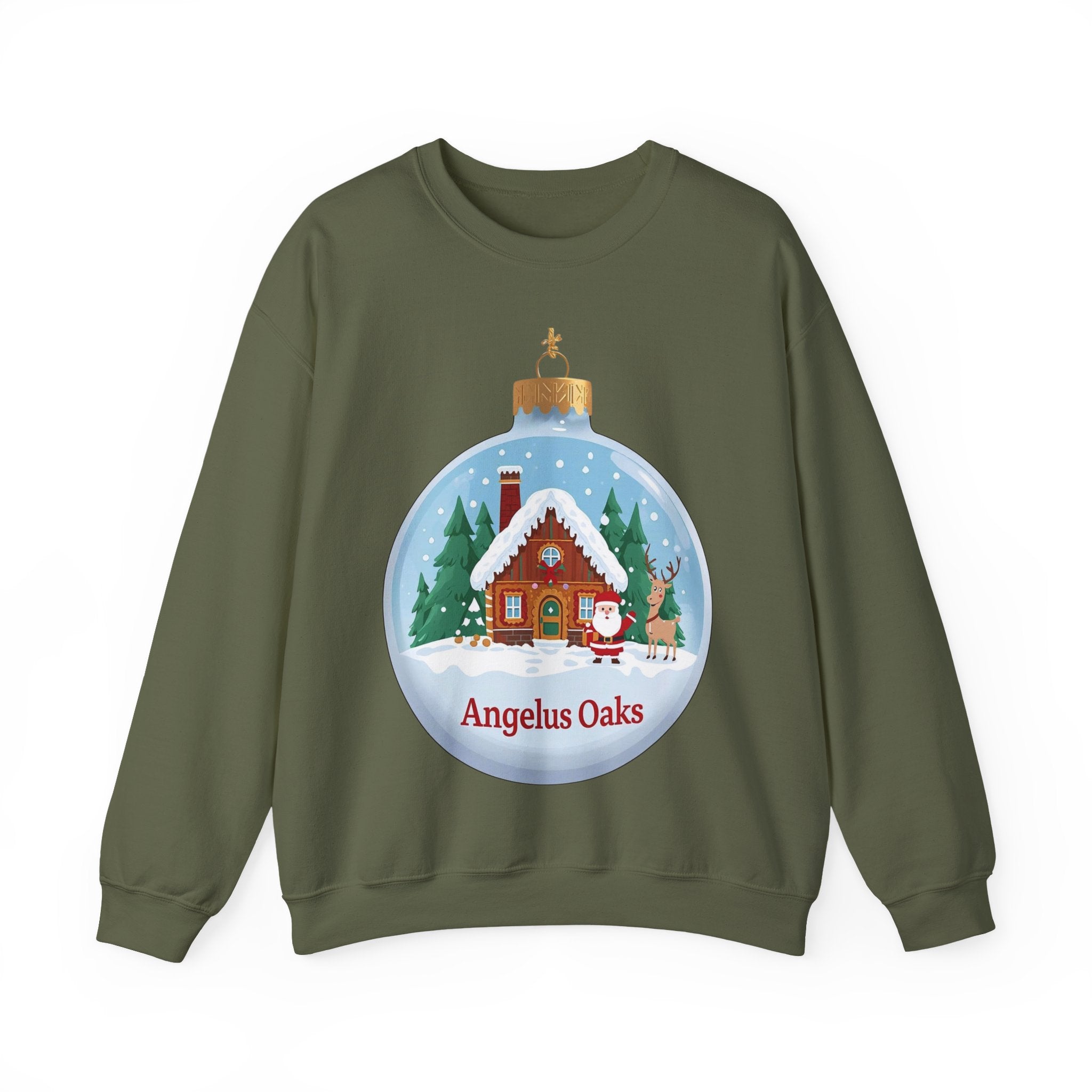 Angelus Oaks Christmas Sweatshirt – Santa & Reindeer Cabin Ornament Crewneck | Mountain Town Holiday Sweater | Gildan 18000