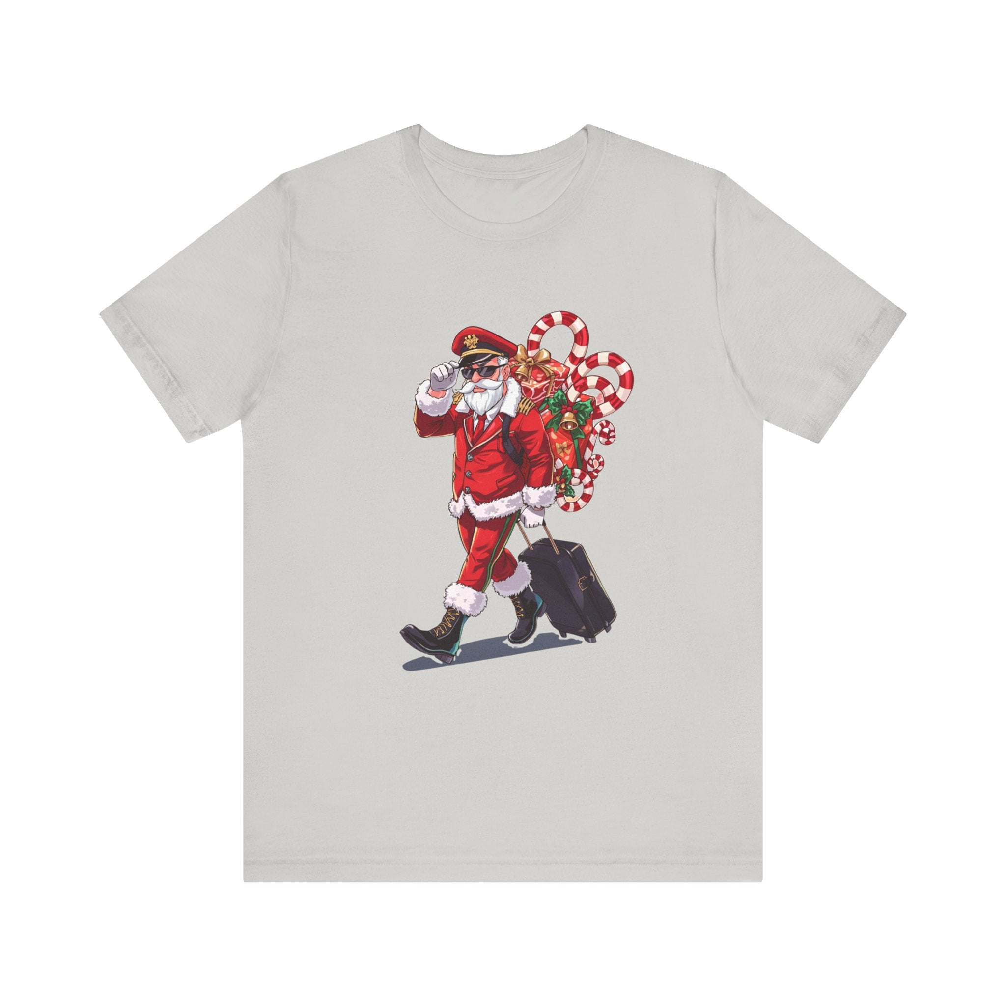 Saucy Santa Pilot T‑Shirt — Vintage Christmas Santa with Candy Cane Sack