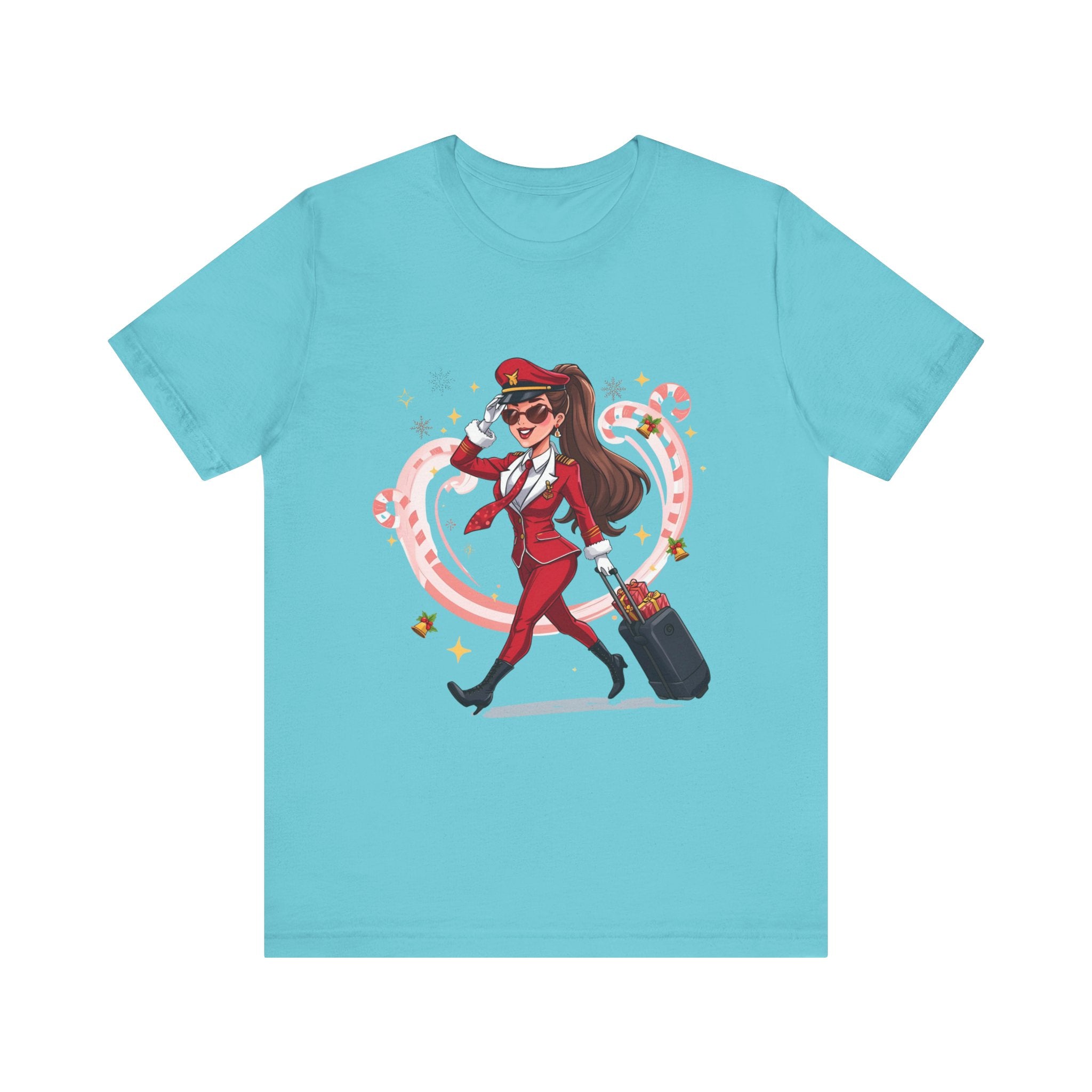 Sassy Pilot Cartoon Tee - Cute Female Pilot Stewardess with Luggage Shirt