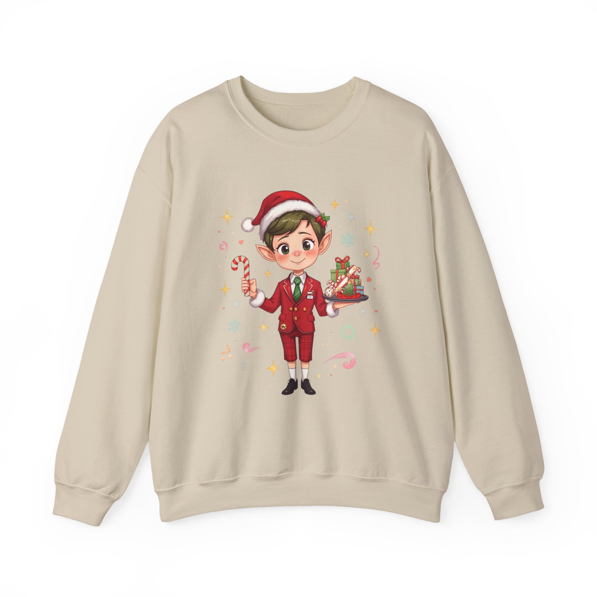 Christmas Cabin Elf Crewneck Sweatshirt — Cute Holiday Elf Holding Candy Cane & Gifts
