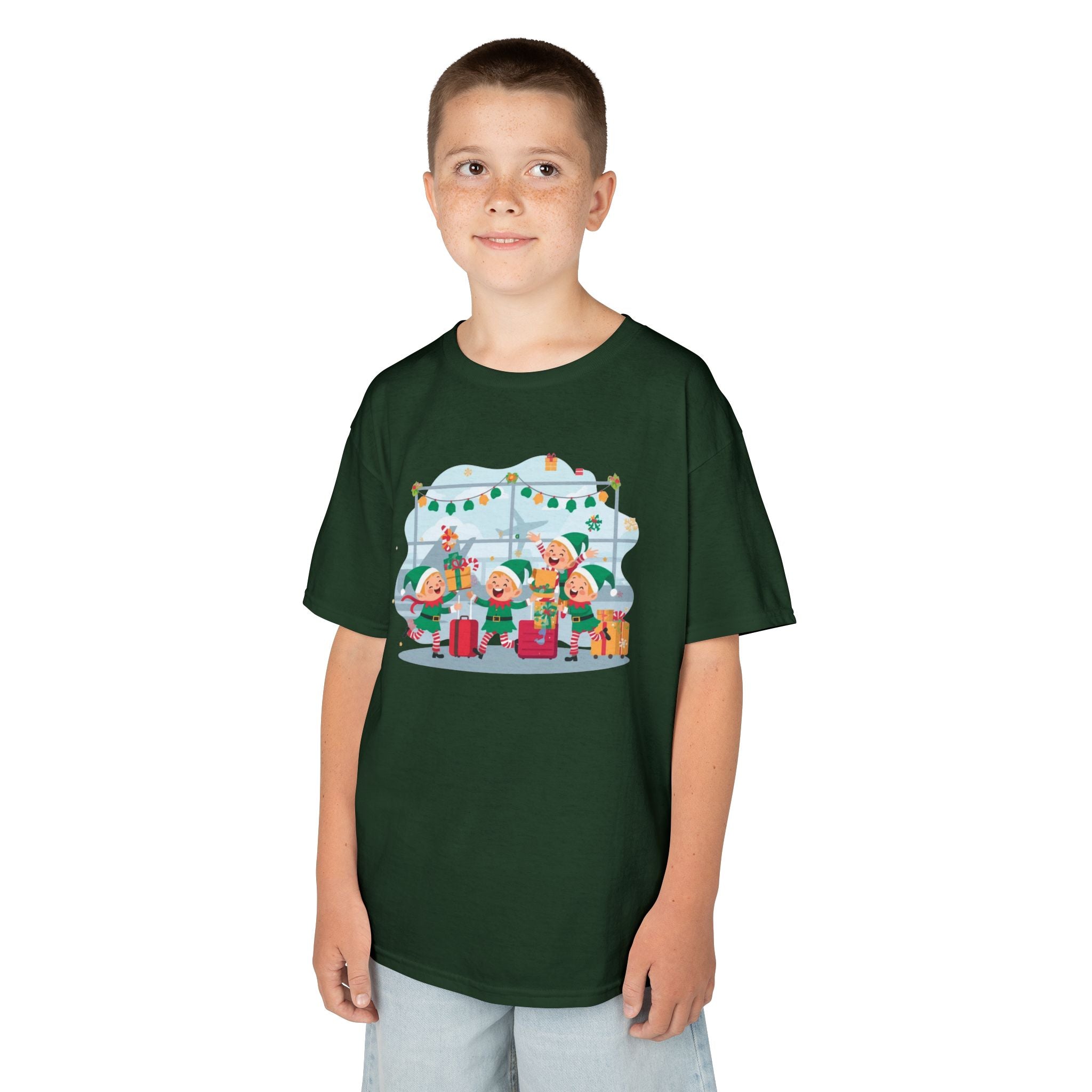 Kids Christmas Elves Airport Shirt — Cute Holiday Travel T-Shirt | Gildan 5000B