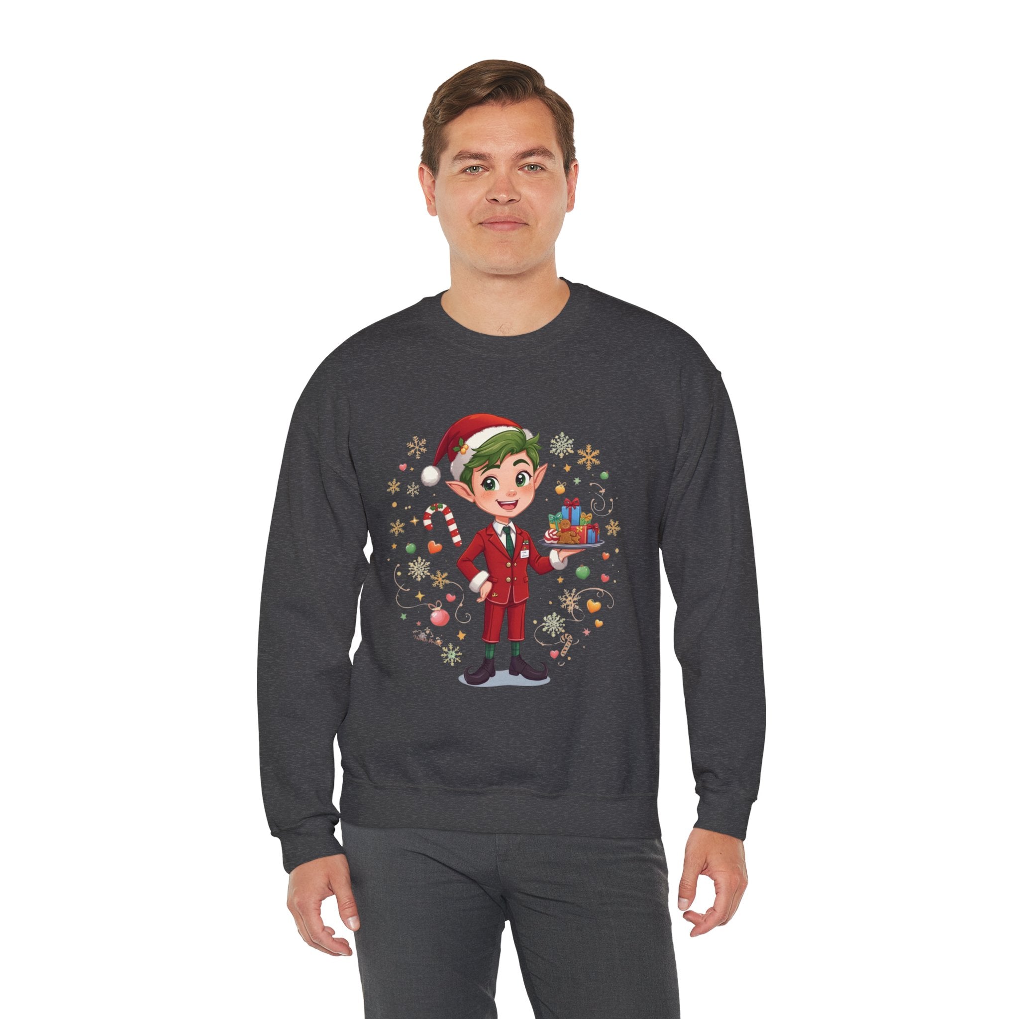 Christmas Cabin Elf Crewneck Sweatshirt – Cute Holiday Elf with Candy & Gifts