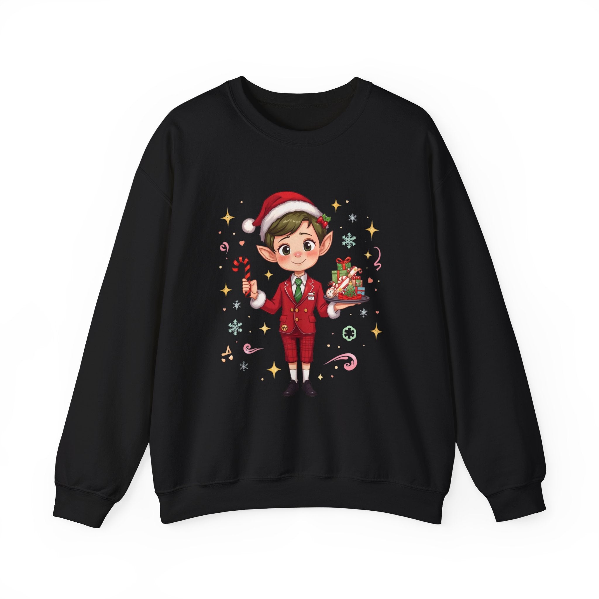 Christmas Cabin Elf Crewneck Sweatshirt — Cute Holiday Elf Holding Candy Cane & Gifts