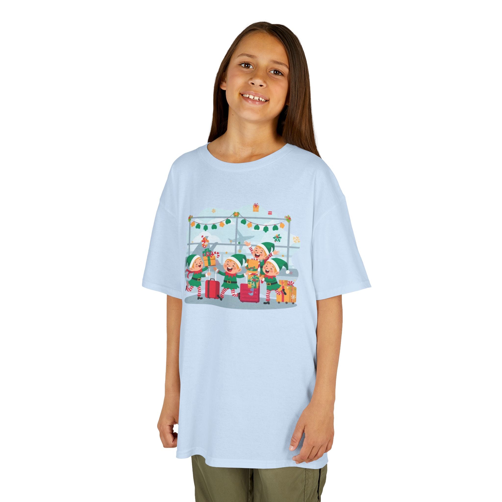 Kids Christmas Elves Airport Shirt — Cute Holiday Travel T-Shirt | Gildan 5000B