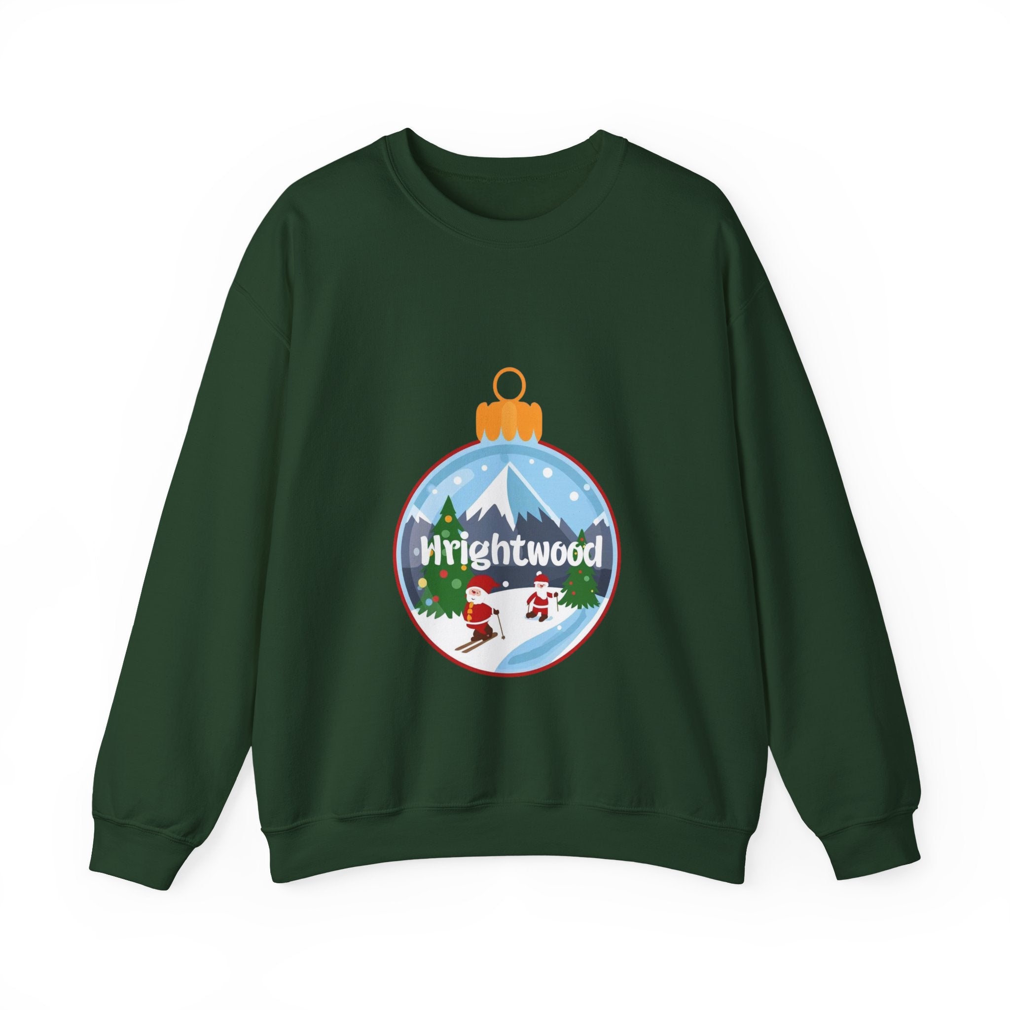 Wrightwood Christmas Sweatshirt – Cute Holiday Ornament Santa Skiing Crewneck | Mountain Town Christmas Gift | Gildan 18000