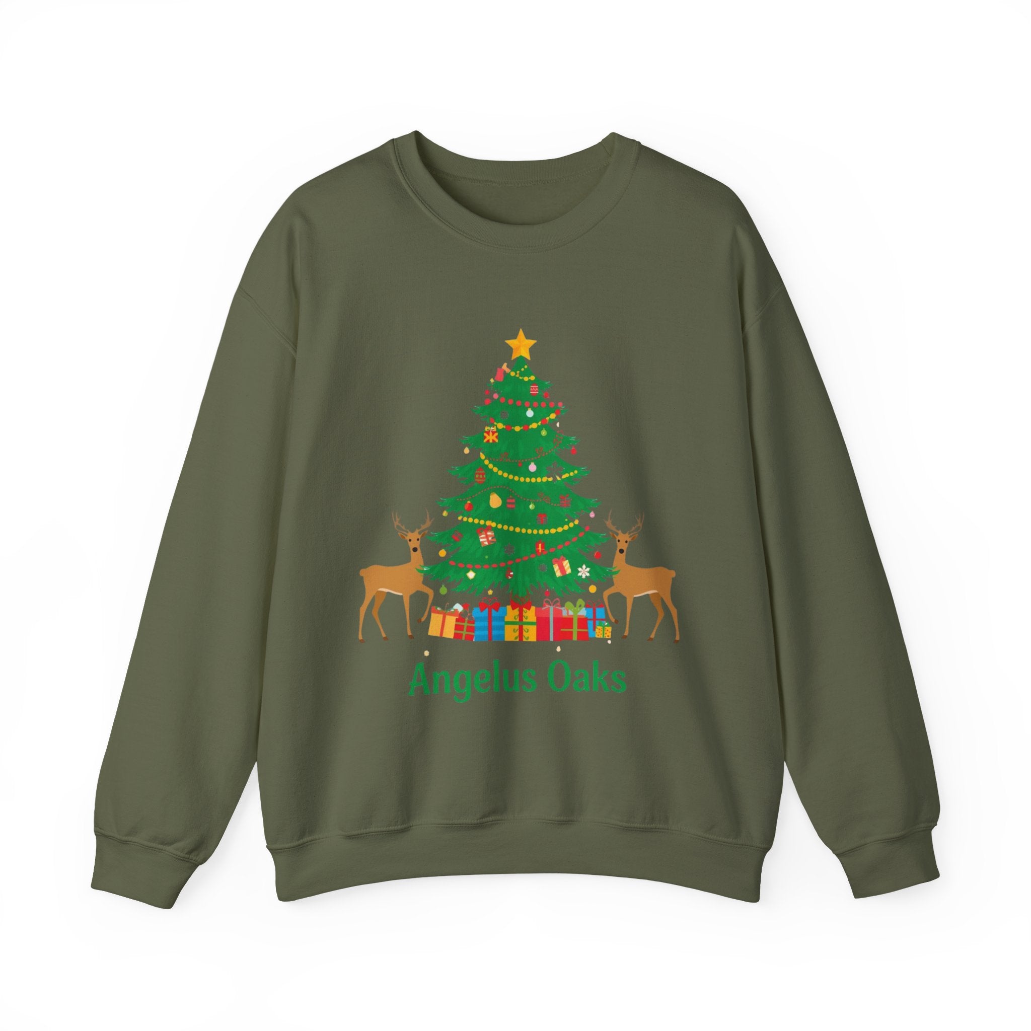 Angelus Oaks Christmas Sweatshirt – Christmas Tree & Deer Holiday Crewneck | Mountain Town Christmas Sweater | Gildan 18000