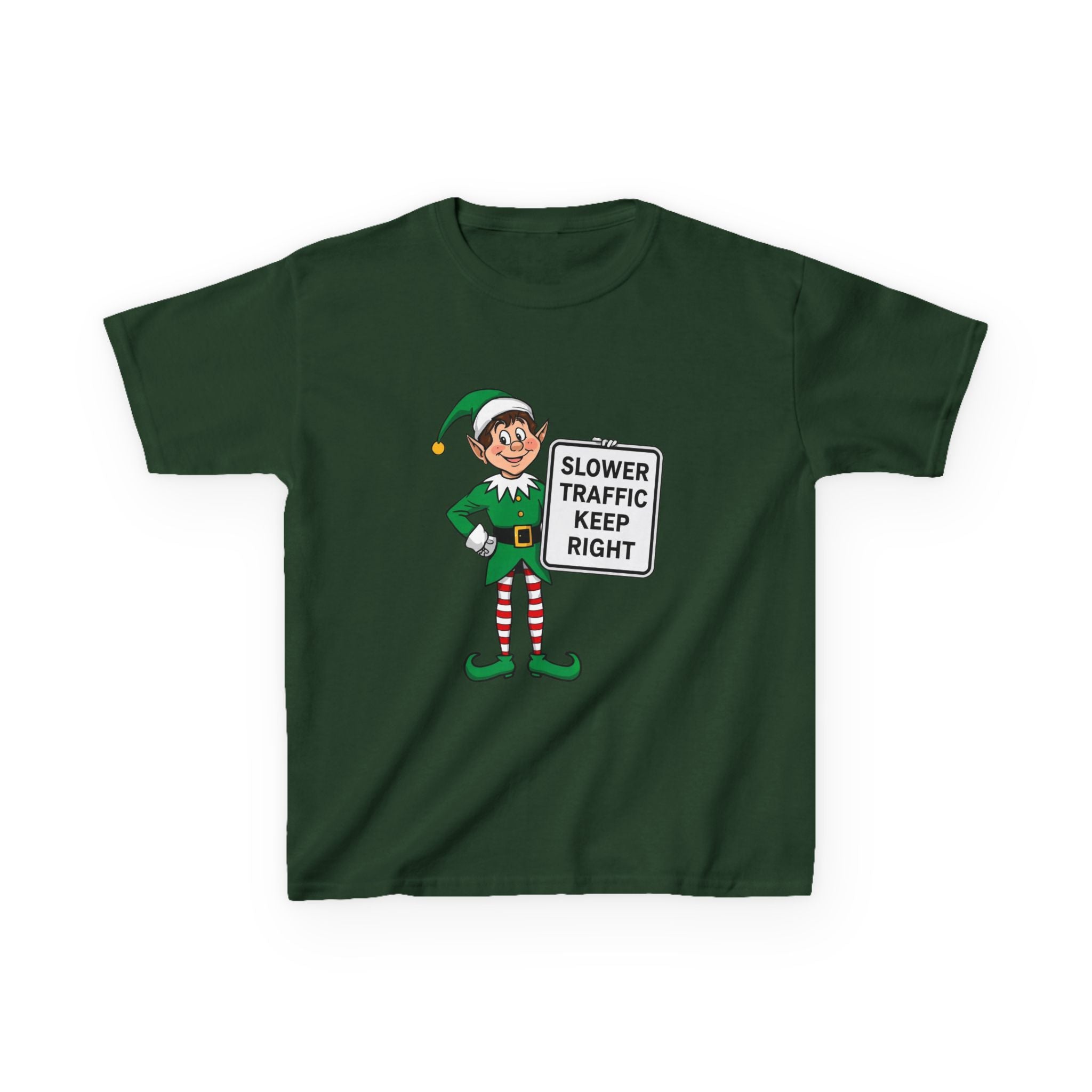Funny Elf Traffic Kids Christmas Shirt – Slower Traffic Keep Right Holiday Tee | Cute Christmas Elf Humor | Gildan 5000B