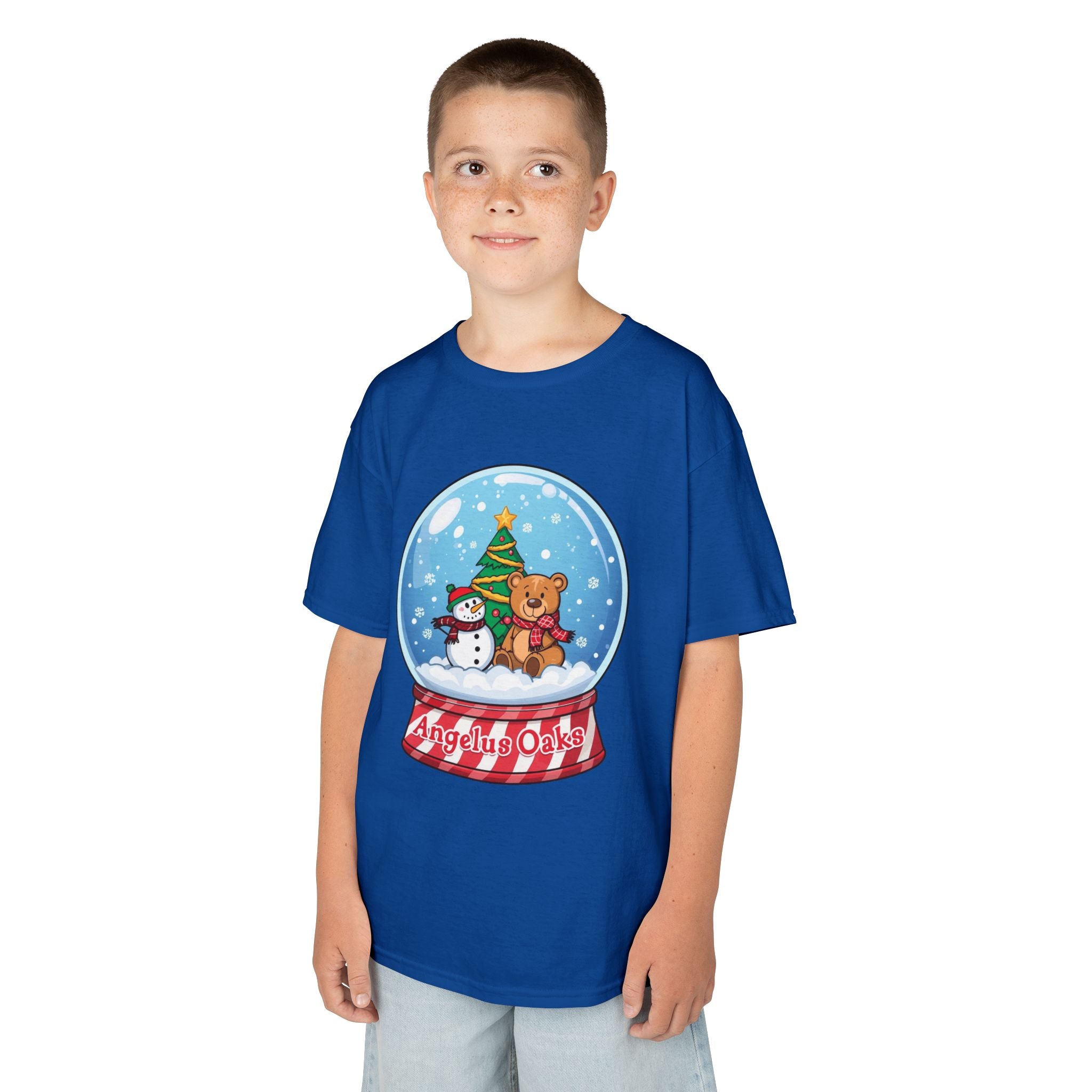 Kids Angelus Oaks Christmas Shirt – Snow Globe Bear & Snowman Youth Tee | Cute Winter Holiday Shirt | Gildan 5000B
