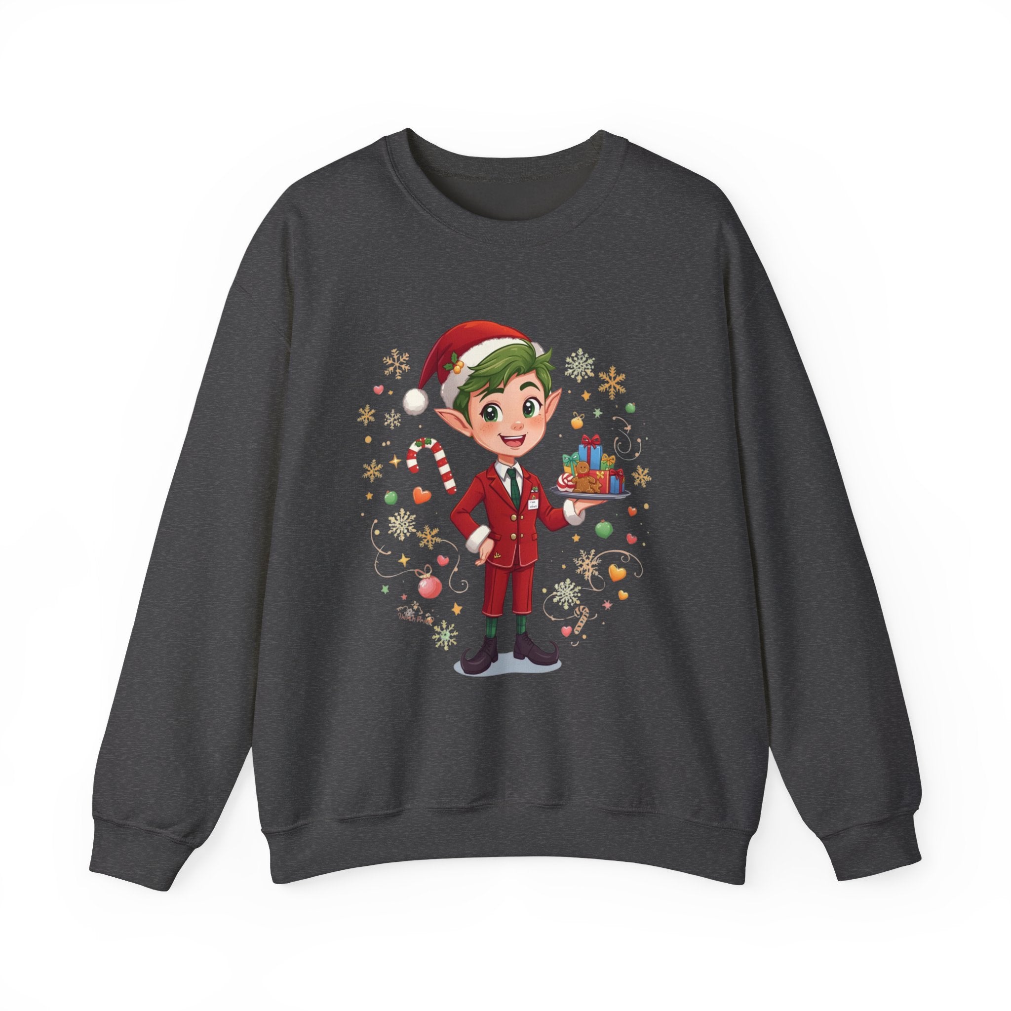 Christmas Cabin Elf Crewneck Sweatshirt – Cute Holiday Elf with Candy & Gifts