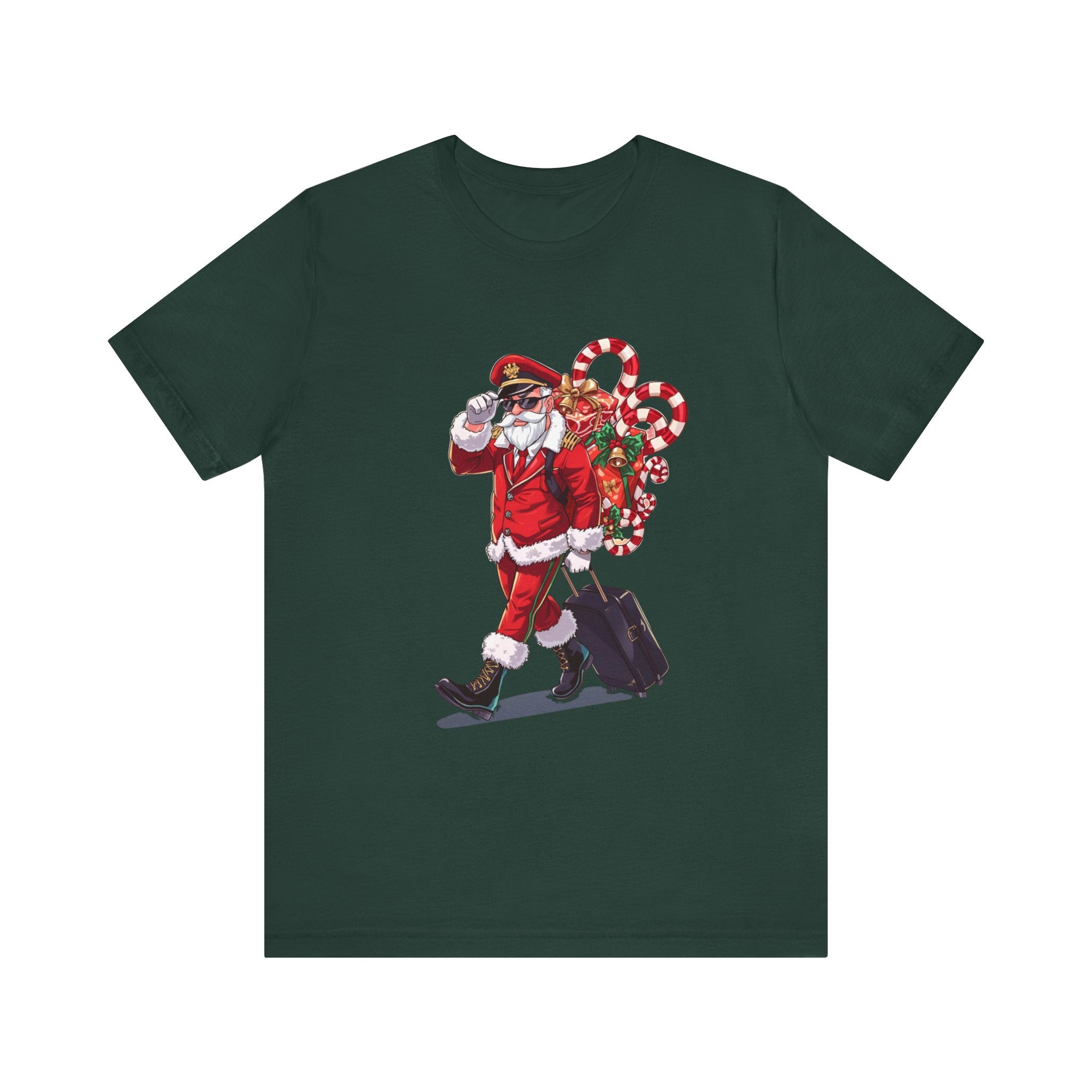 Saucy Santa Pilot T‑Shirt — Vintage Christmas Santa with Candy Cane Sack