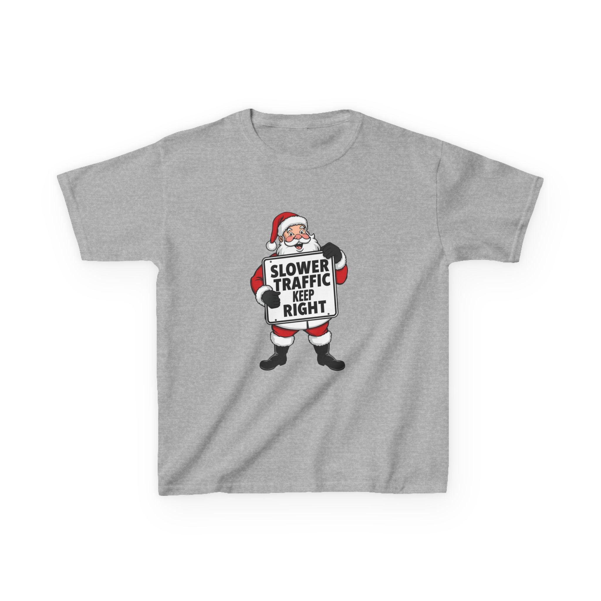Slower Traffic Keep Right Santa Kids Christmas Shirt – Funny Holiday Driving Sign Tee | Santa Humor Christmas Tee | Youth Gildan 5000B
