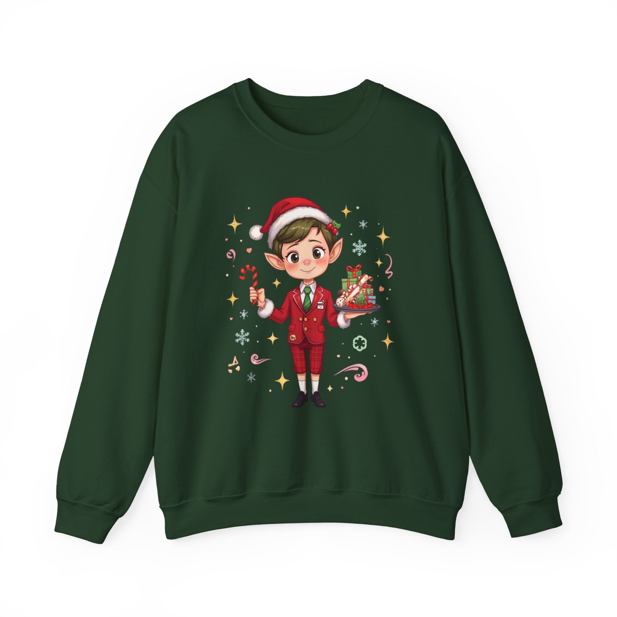 Christmas Cabin Elf Crewneck Sweatshirt — Cute Holiday Elf Holding Candy Cane & Gifts