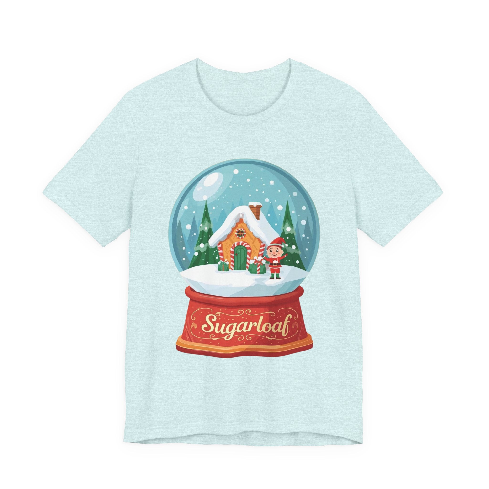 Sugarloaf Christmas Shirt – Snow Globe Elf & Candy Cottage Scene Tee | Mountain Town Christmas Gift | Bella Canvas 3001