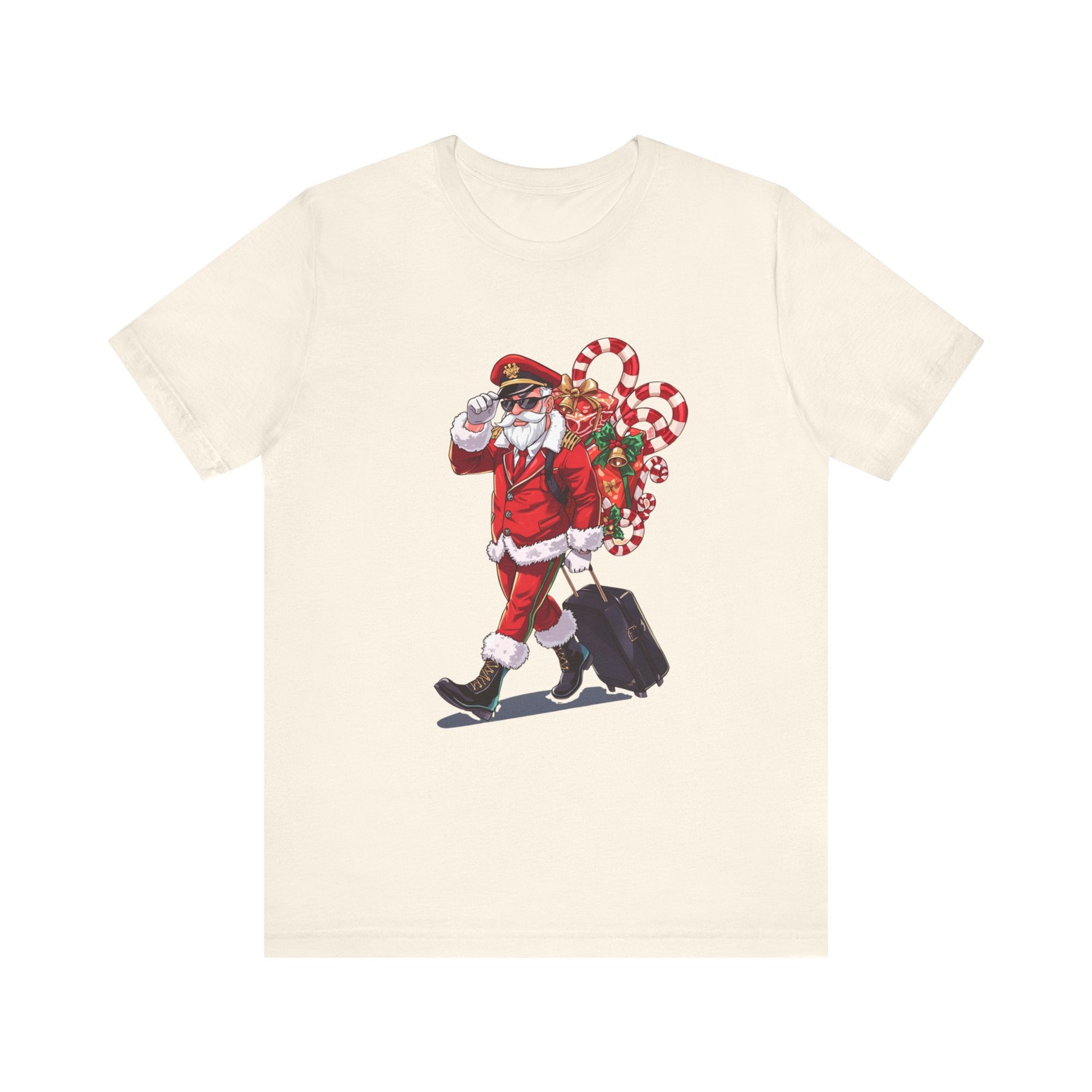 Saucy Santa Pilot T‑Shirt — Vintage Christmas Santa with Candy Cane Sack