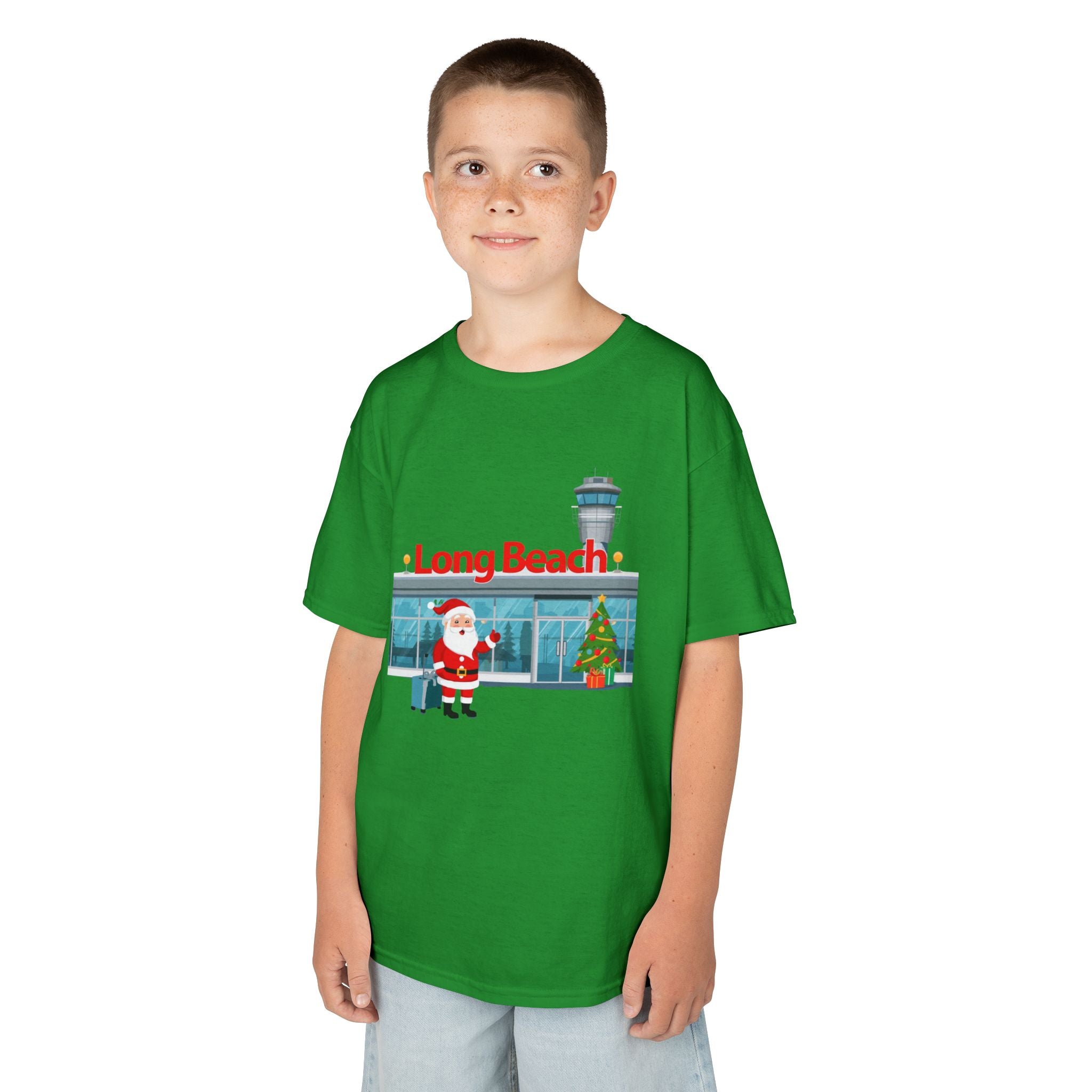 Kids Long Beach Airport Christmas Shirt – Santa Arrival Youth Tee | Cute Holiday Travel Shirt | Santa Luggage Graphic | Gildan 5000B