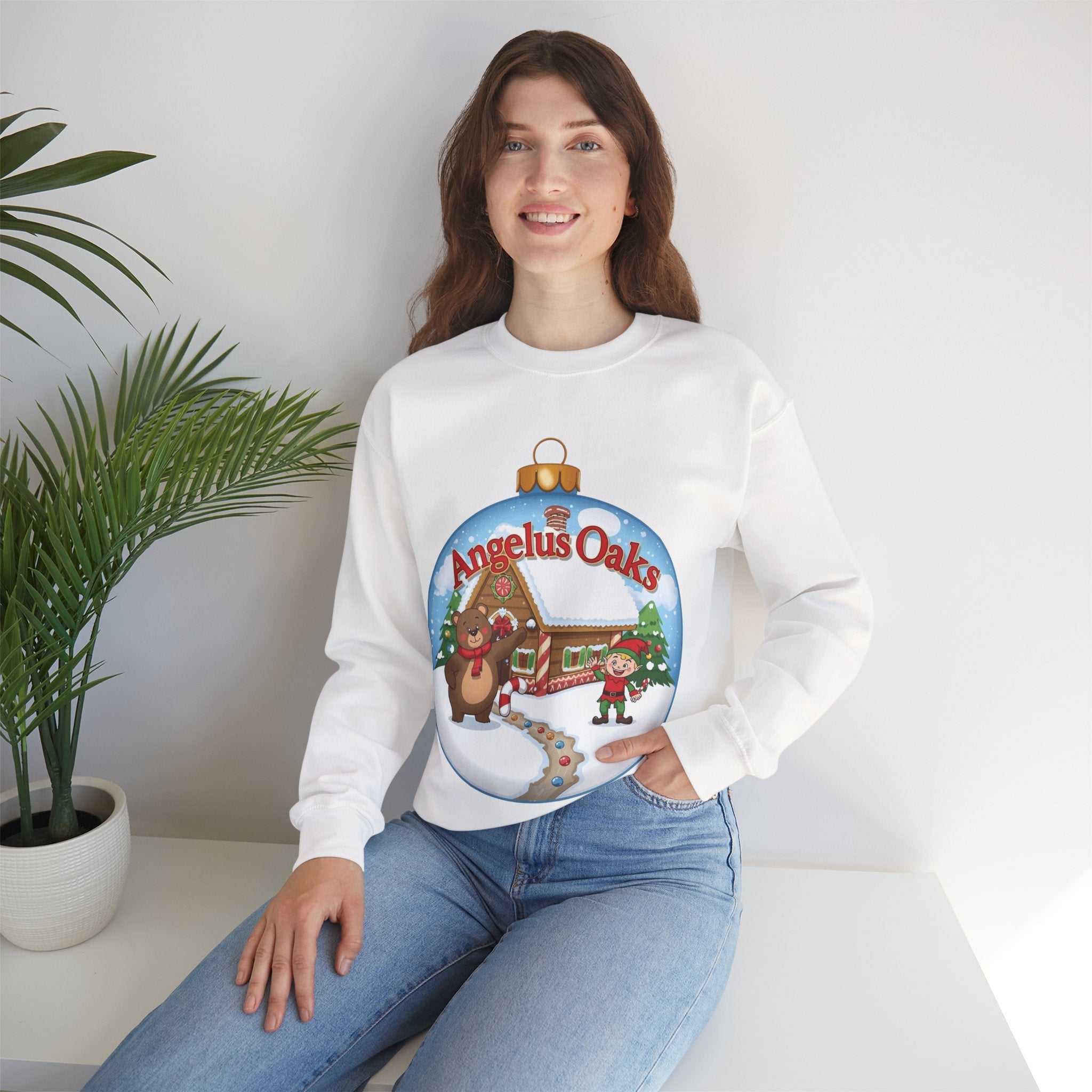 Angelus Oaks Christmas Sweatshirt – Bear & Elf Gingerbread Holiday Crewneck | Cute Mountain Town Christmas Sweater | Gildan 18000