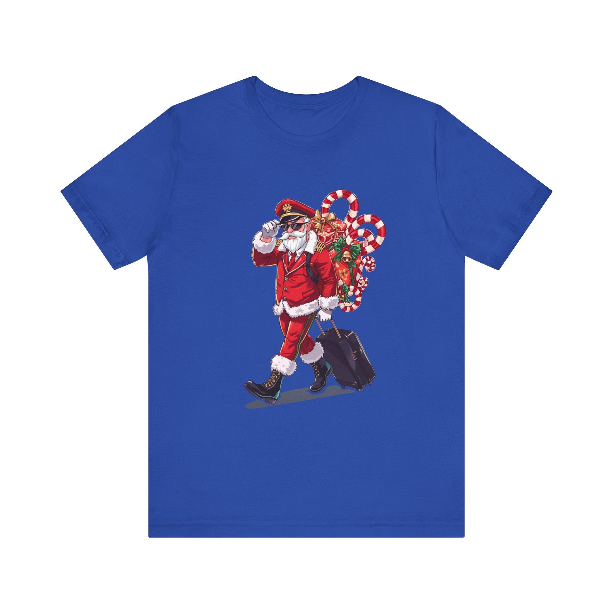 Saucy Santa Pilot T‑Shirt — Vintage Christmas Santa with Candy Cane Sack