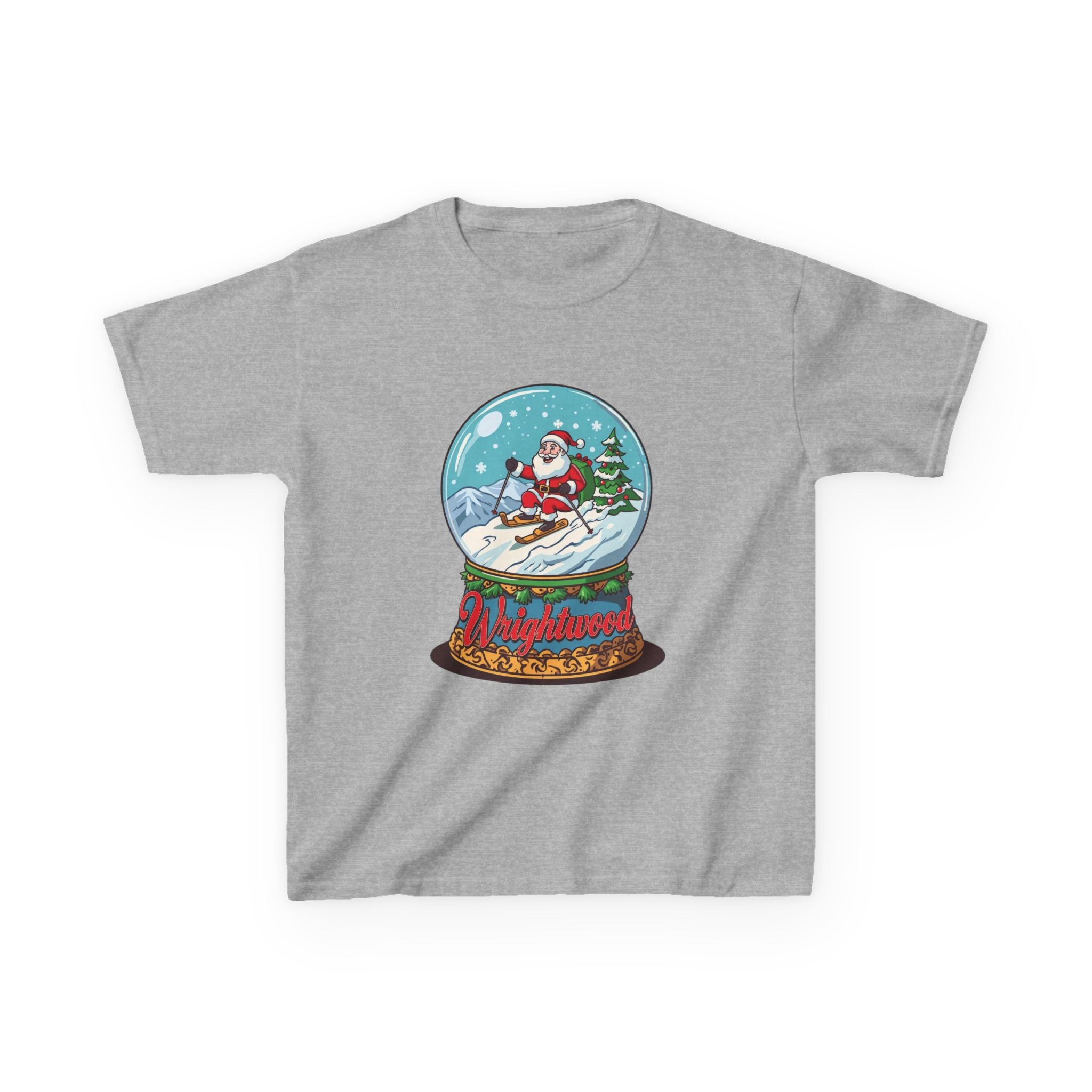 Wrightwood Christmas Kids Shirt – Cute Skiing Santa Snow Globe Tee | Mountain Town Christmas Gift for Kids | Gildan 5000B