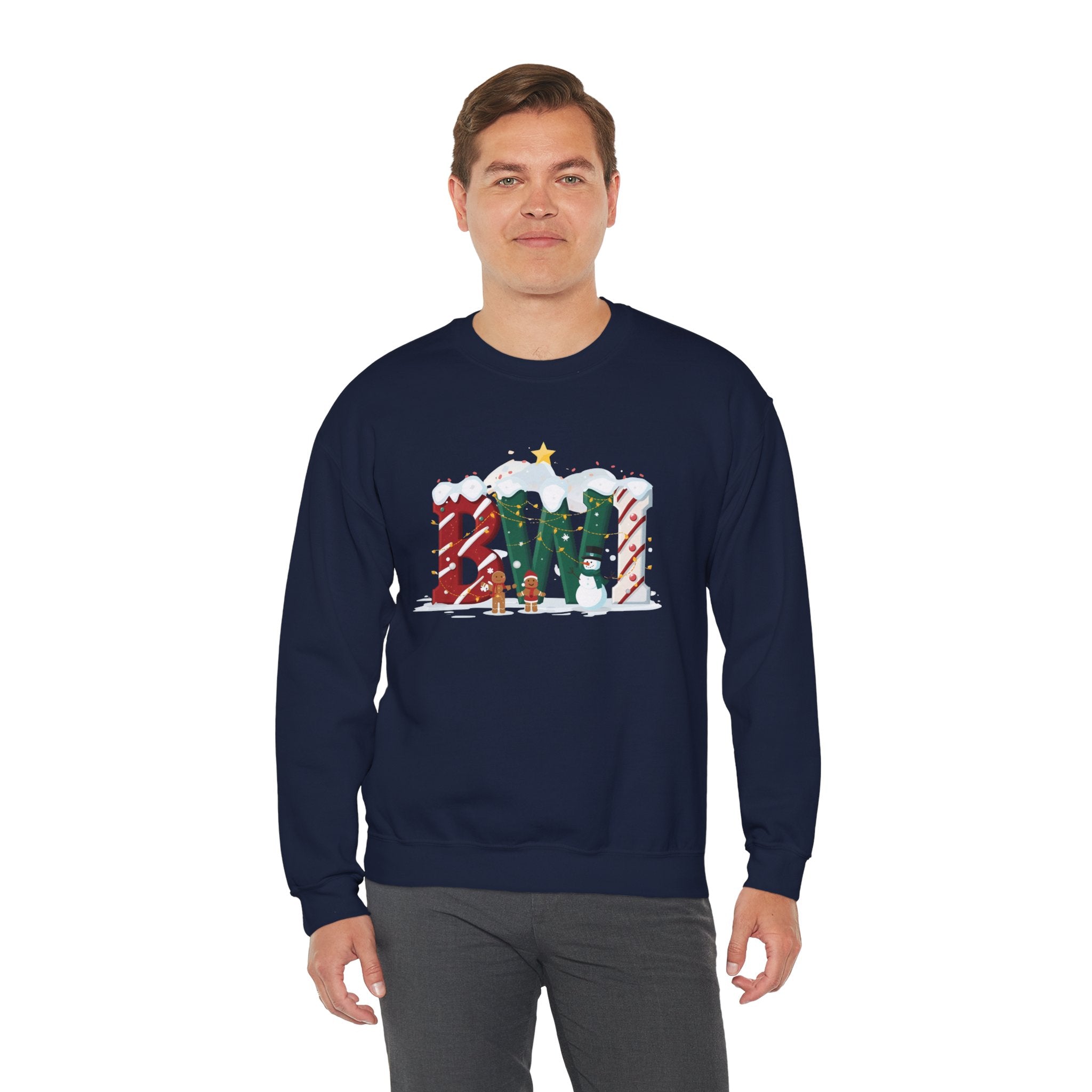BWI Christmas Sweatshirt – Festive Holiday Letter Art Tee | Christmas Gift | Gildan 18000