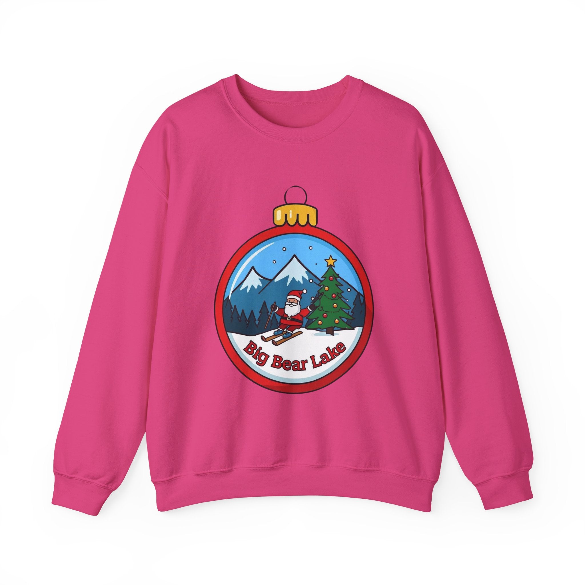 Big Bear Lake Skiing Santa Ornament Sweatshirt — Christmas Mountain Crewneck | Gildan 18000