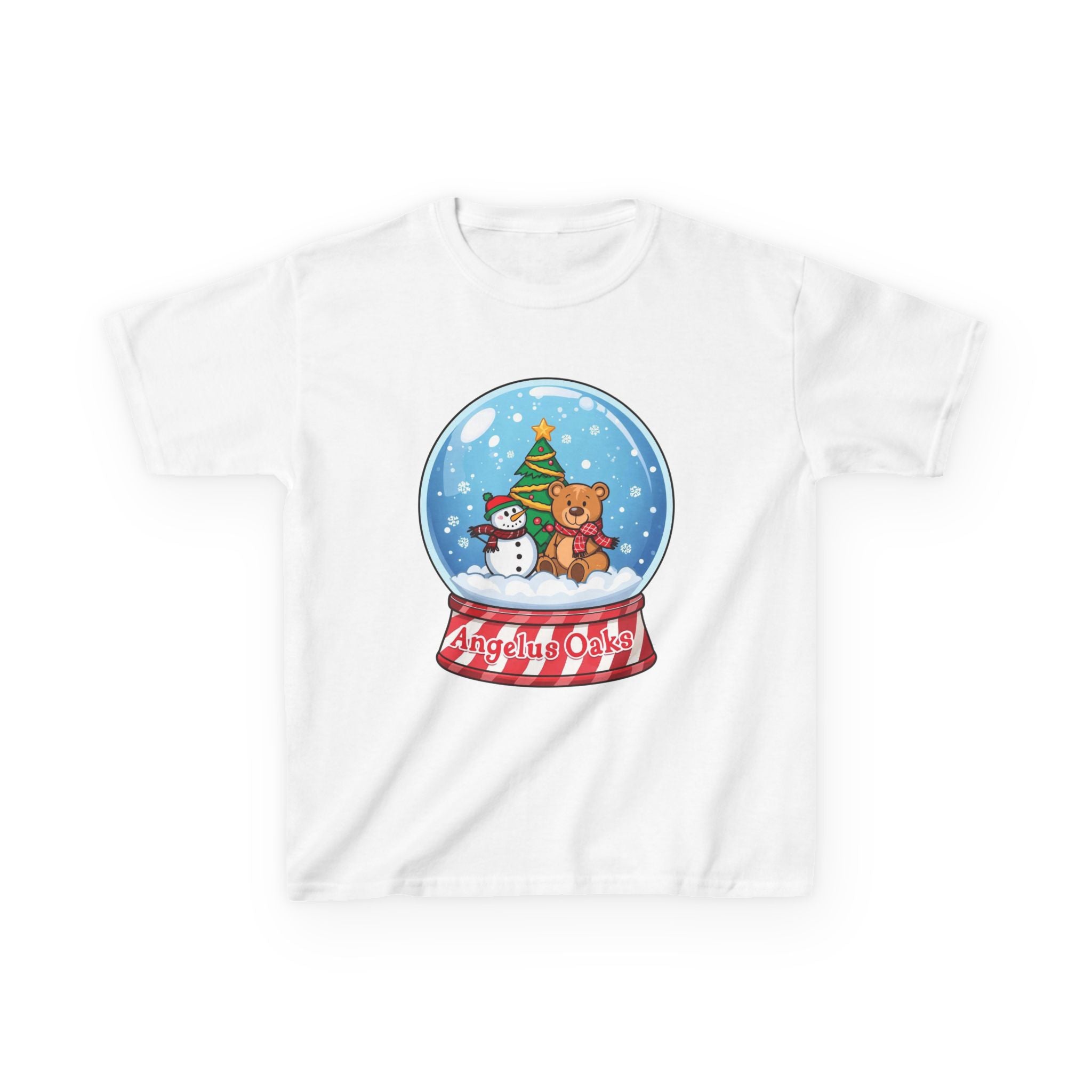 Kids Angelus Oaks Christmas Shirt – Snow Globe Bear & Snowman Youth Tee | Cute Winter Holiday Shirt | Gildan 5000B