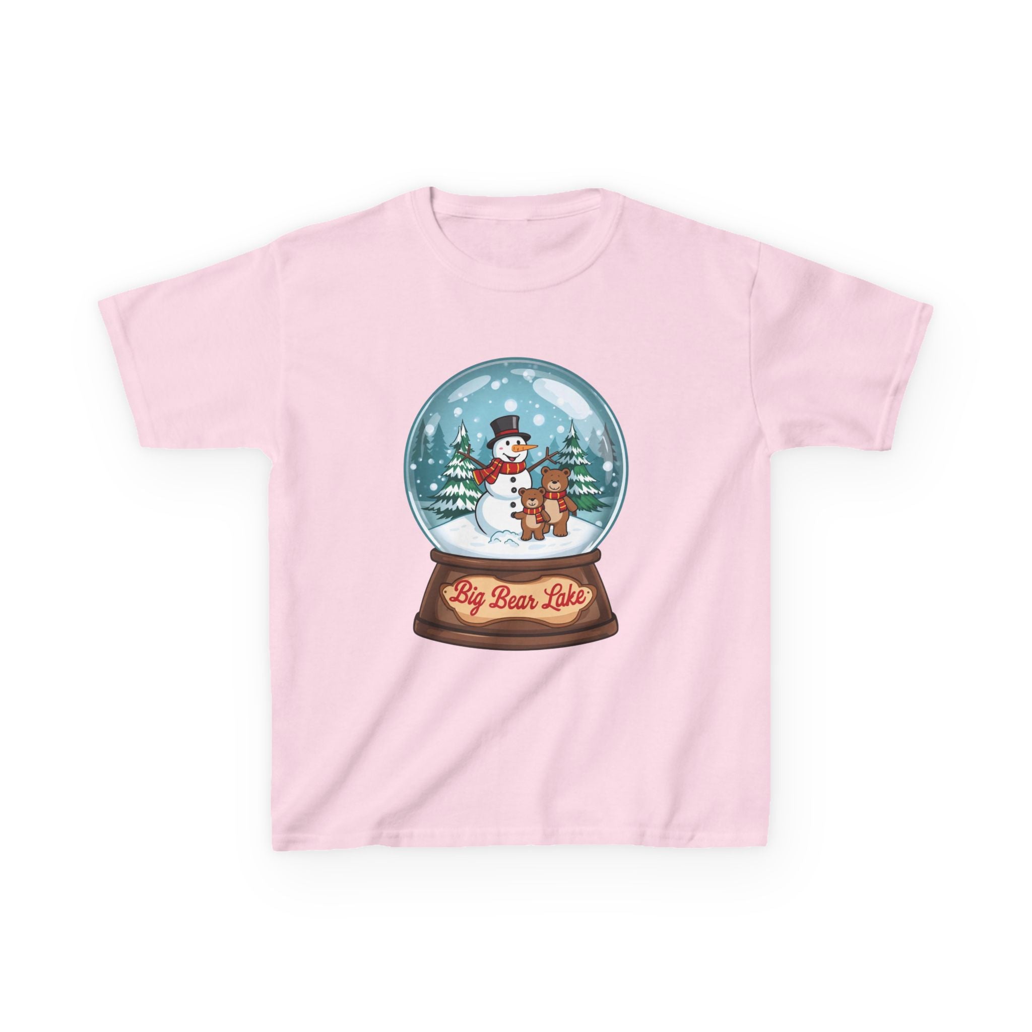 Big Bear Lake Snow Globe Kids Christmas Shirt – Cute Snowman & Bear Holiday Tee | Mountain Winter Cabin Gift | Christmas Kids Tee | Gildan 5000B