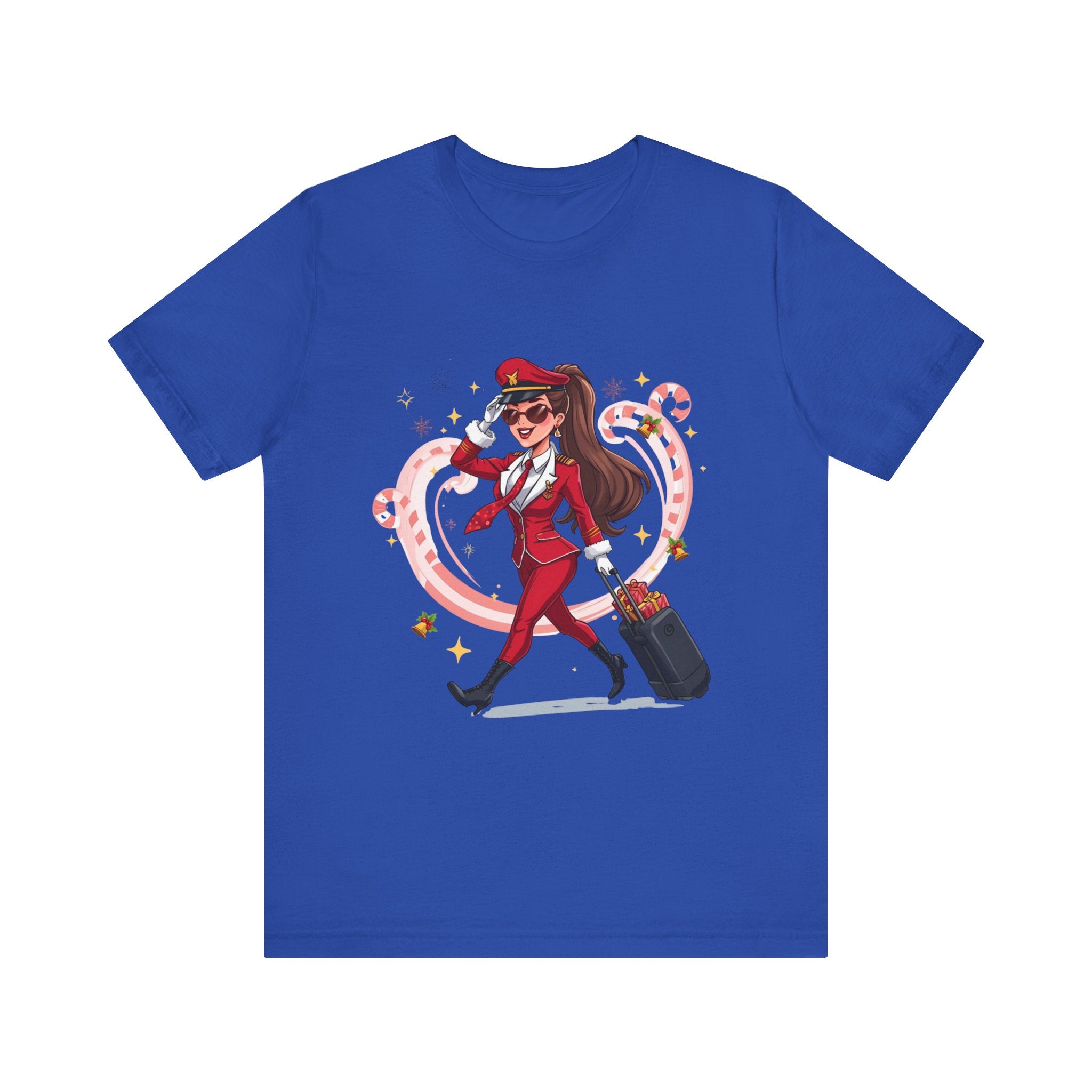 Sassy Pilot Cartoon Tee - Cute Female Pilot Stewardess with Luggage Shirt