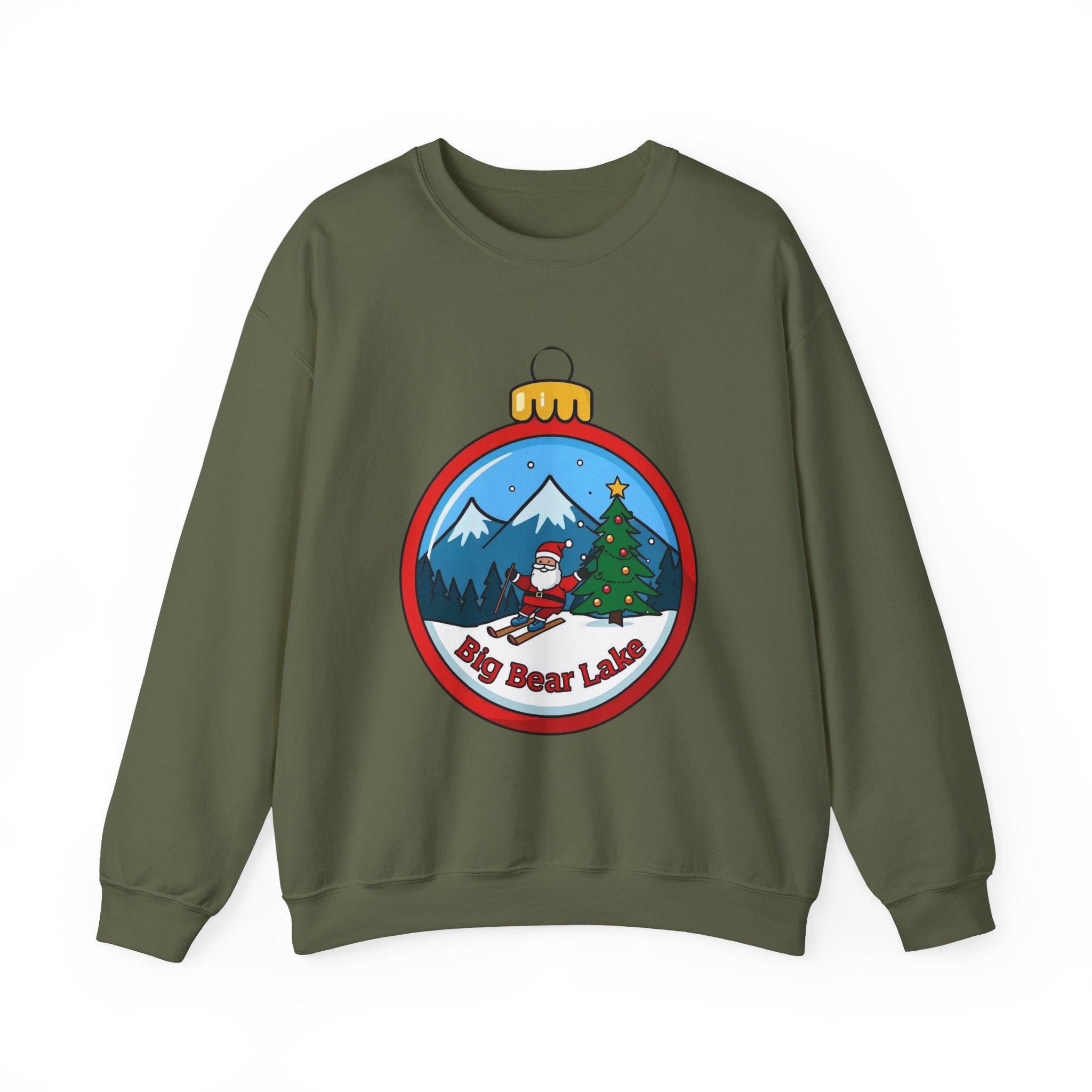 Big Bear Lake Skiing Santa Ornament Sweatshirt — Christmas Mountain Crewneck | Gildan 18000