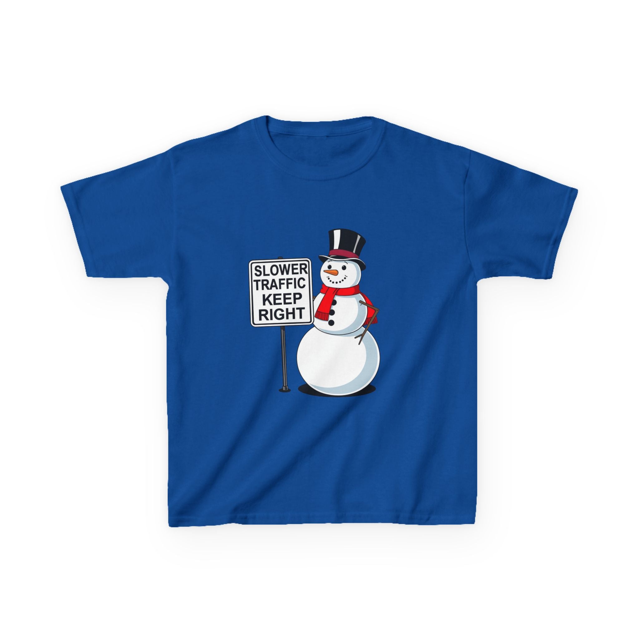 Kids Snowman Slower Traffic Keep Right Shirt – Funny Christmas Road Sign Tee | Holiday Snowman Humor Top | Gildan 5000B