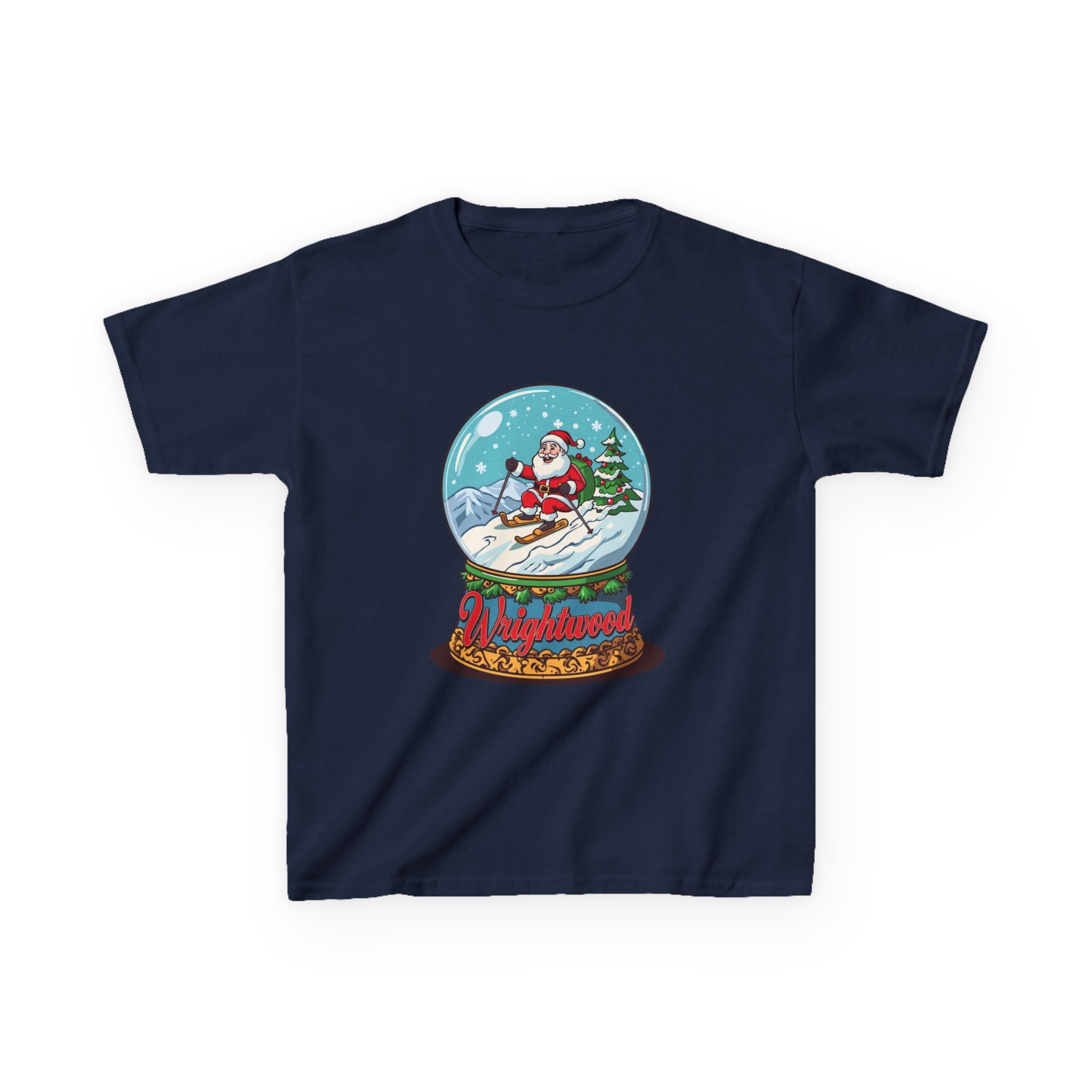 Wrightwood Christmas Kids Shirt – Cute Skiing Santa Snow Globe Tee | Mountain Town Christmas Gift for Kids | Gildan 5000B