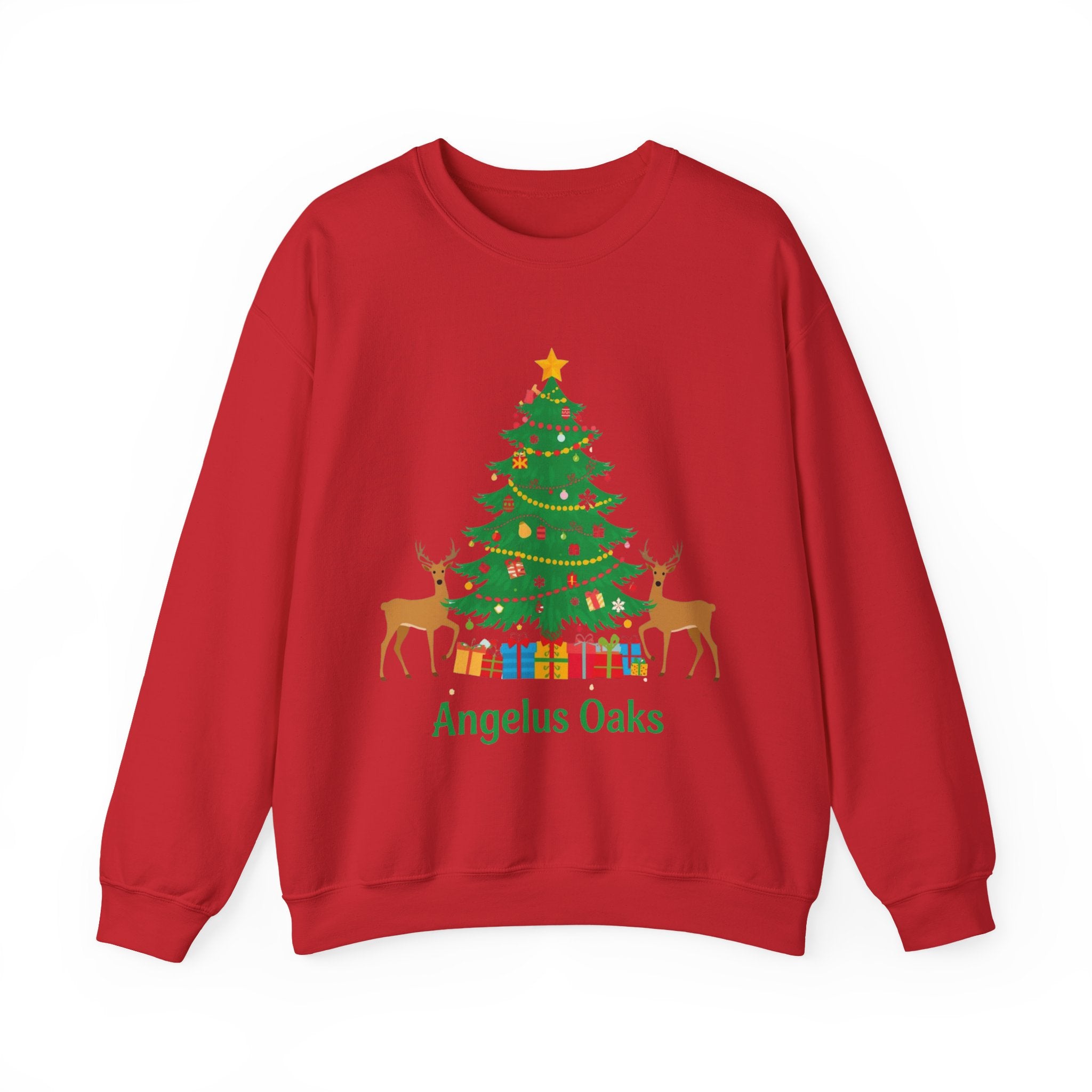 Angelus Oaks Christmas Sweatshirt – Christmas Tree & Deer Holiday Crewneck | Mountain Town Christmas Sweater | Gildan 18000
