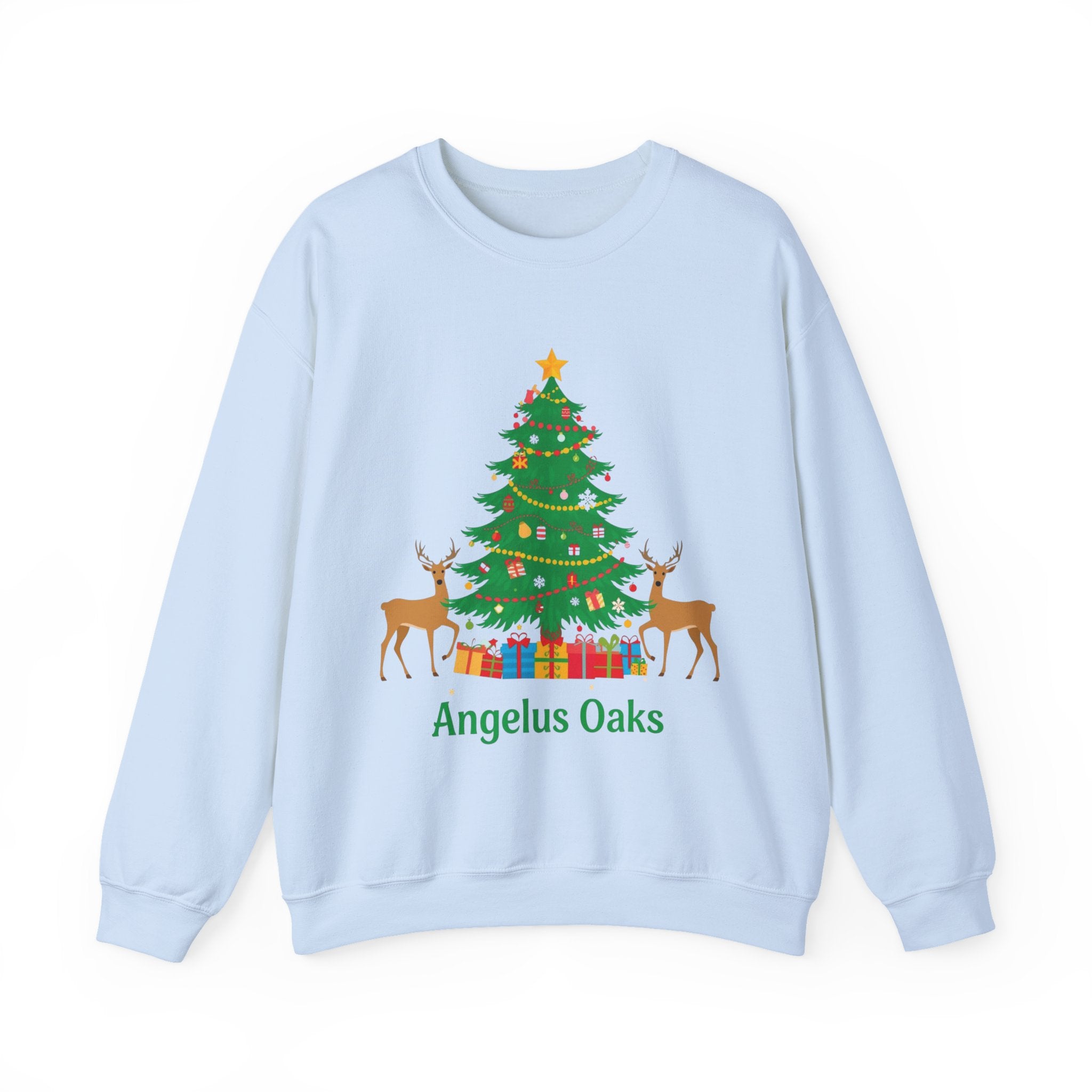 Angelus Oaks Christmas Sweatshirt – Christmas Tree & Deer Holiday Crewneck | Mountain Town Christmas Sweater | Gildan 18000