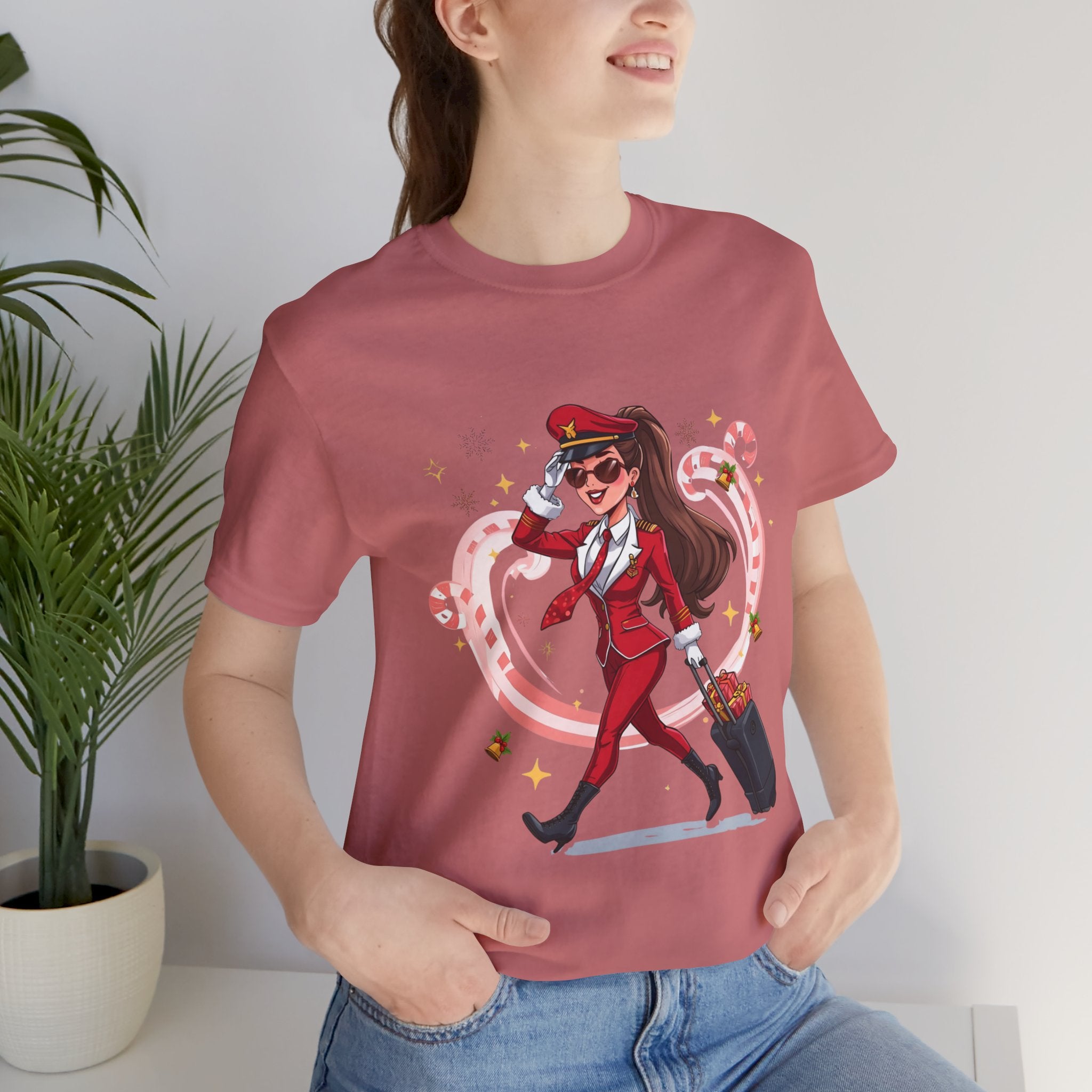 Sassy Pilot Cartoon Tee - Cute Female Pilot Stewardess with Luggage Shirt