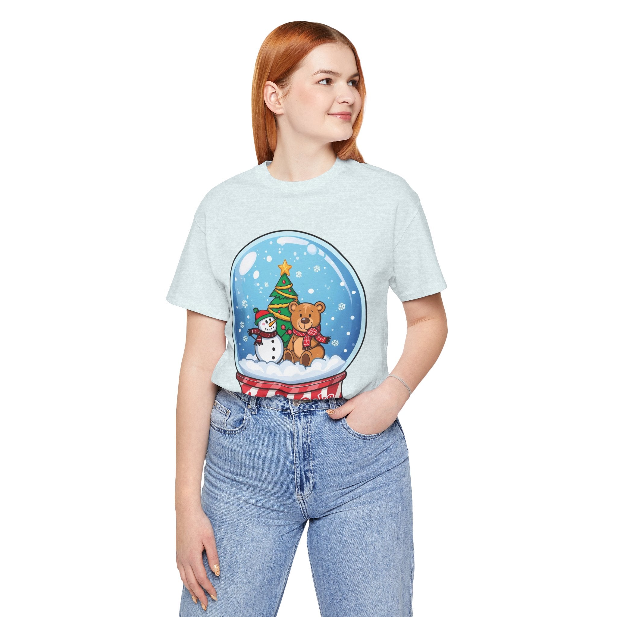 Angelus Oaks Christmas Shirt – Snow Globe Bear & Snowman Holiday Tee | Cute Mountain Town Christmas Shirt | Bella Canvas 3001