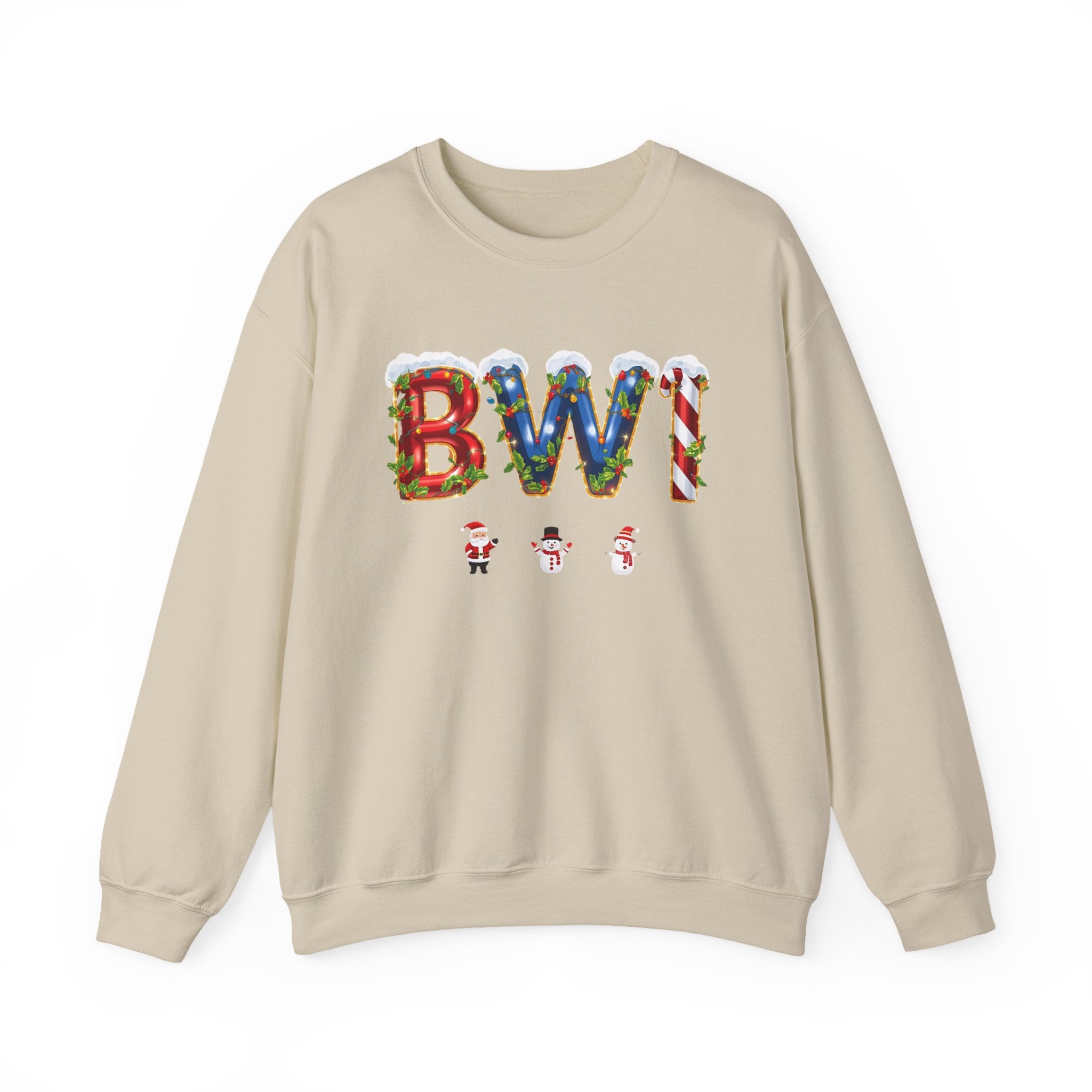 BWI Christmas Sweatshirt – Festive Holiday Letter Art Tee | Christmas Gift | Gildan 18000