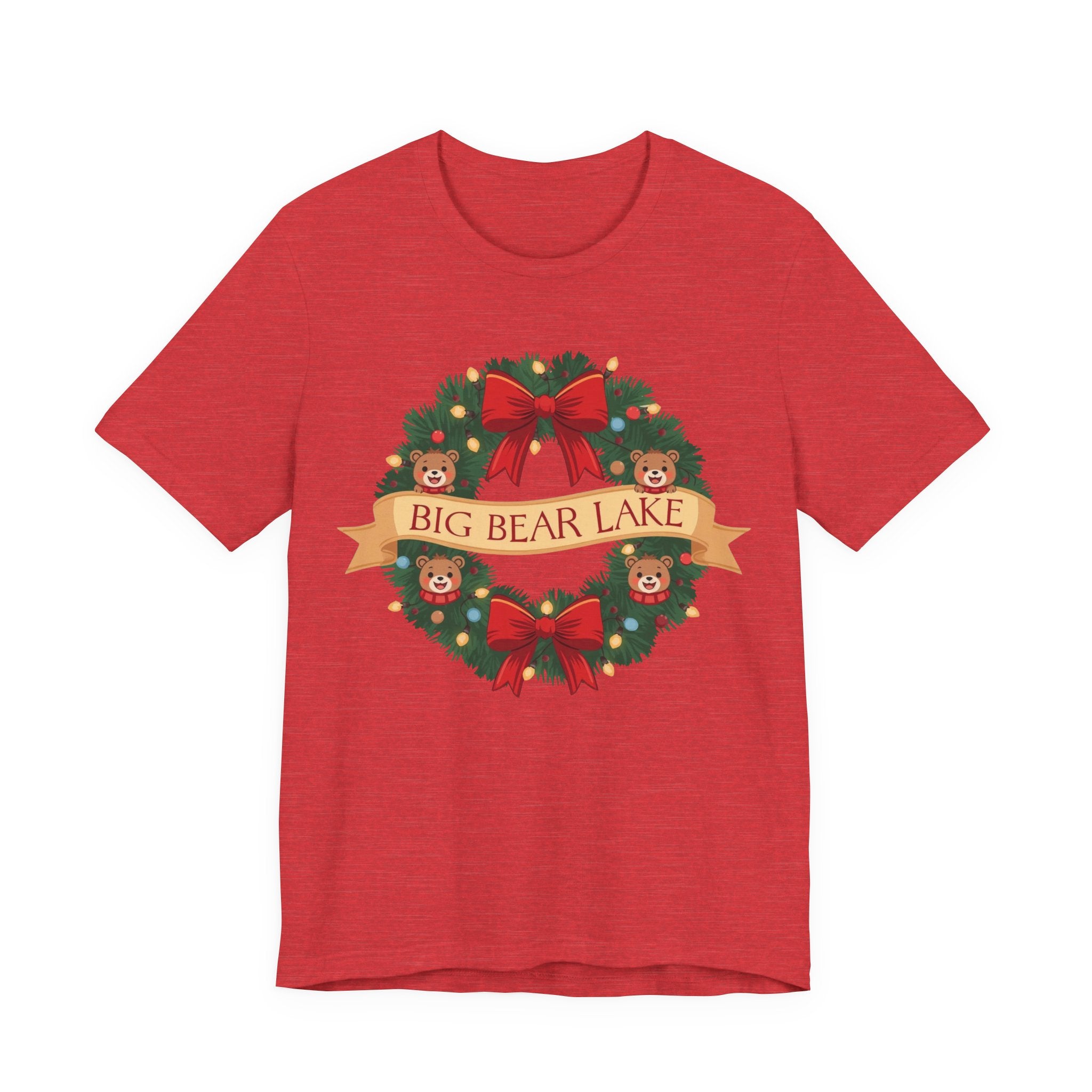 Big Bear Lake Christmas Wreath T-Shirt — Cute Holiday Bears & Lights | Bella Canvas 3001