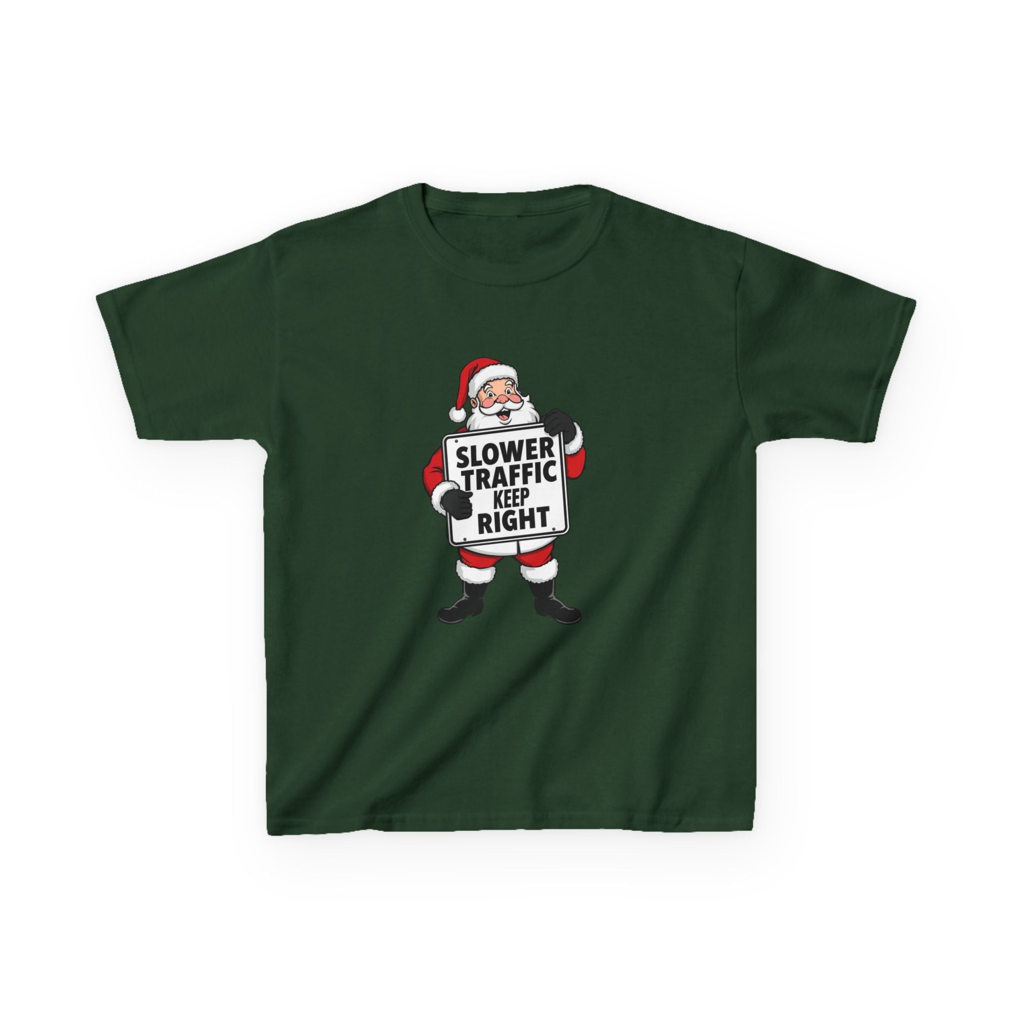 Slower Traffic Keep Right Santa Kids Christmas Shirt – Funny Holiday Driving Sign Tee | Santa Humor Christmas Tee | Youth Gildan 5000B