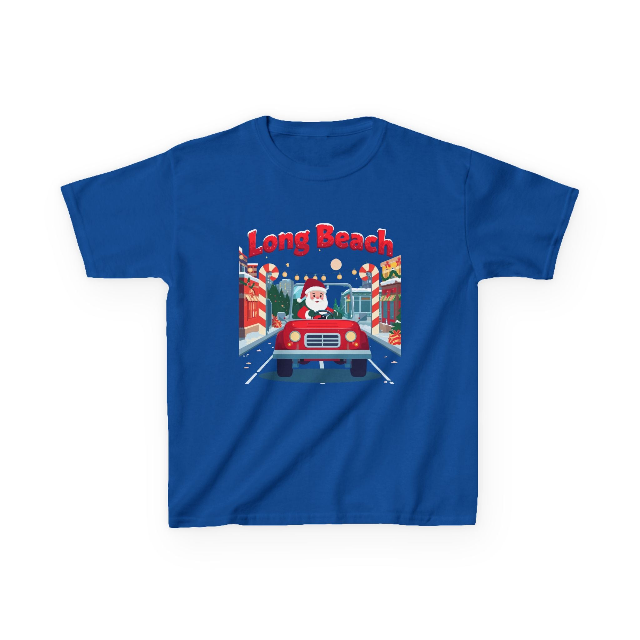 Kids Long Beach Christmas Santa Car Shirt – Cute Holiday Youth Tee | Santa Driving Graphic | California Christmas Kids T-Shirt | Gildan 5000B