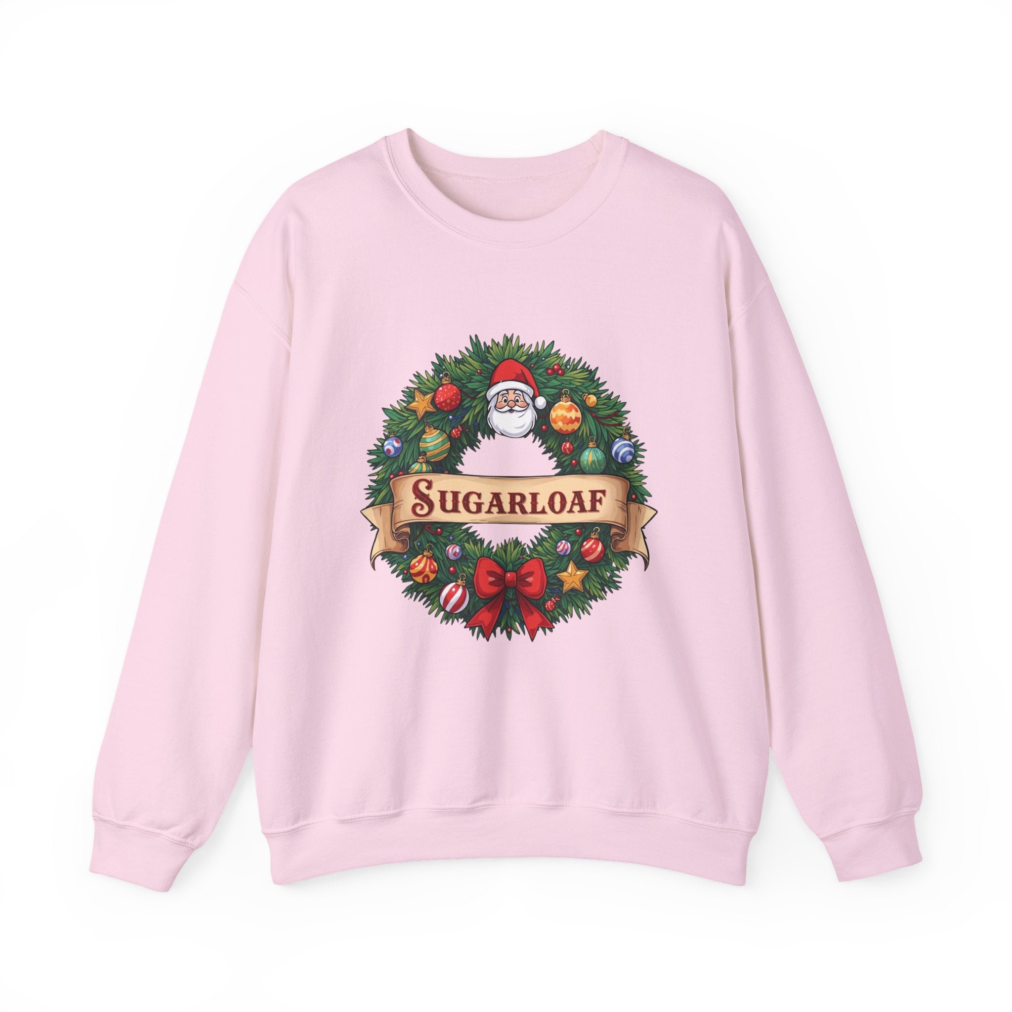 Sugarloaf Christmas Sweatshirt  – Festive Santa Wreath & Ornaments Tee | Mountain Town Christmas Gift | Gildan 18000