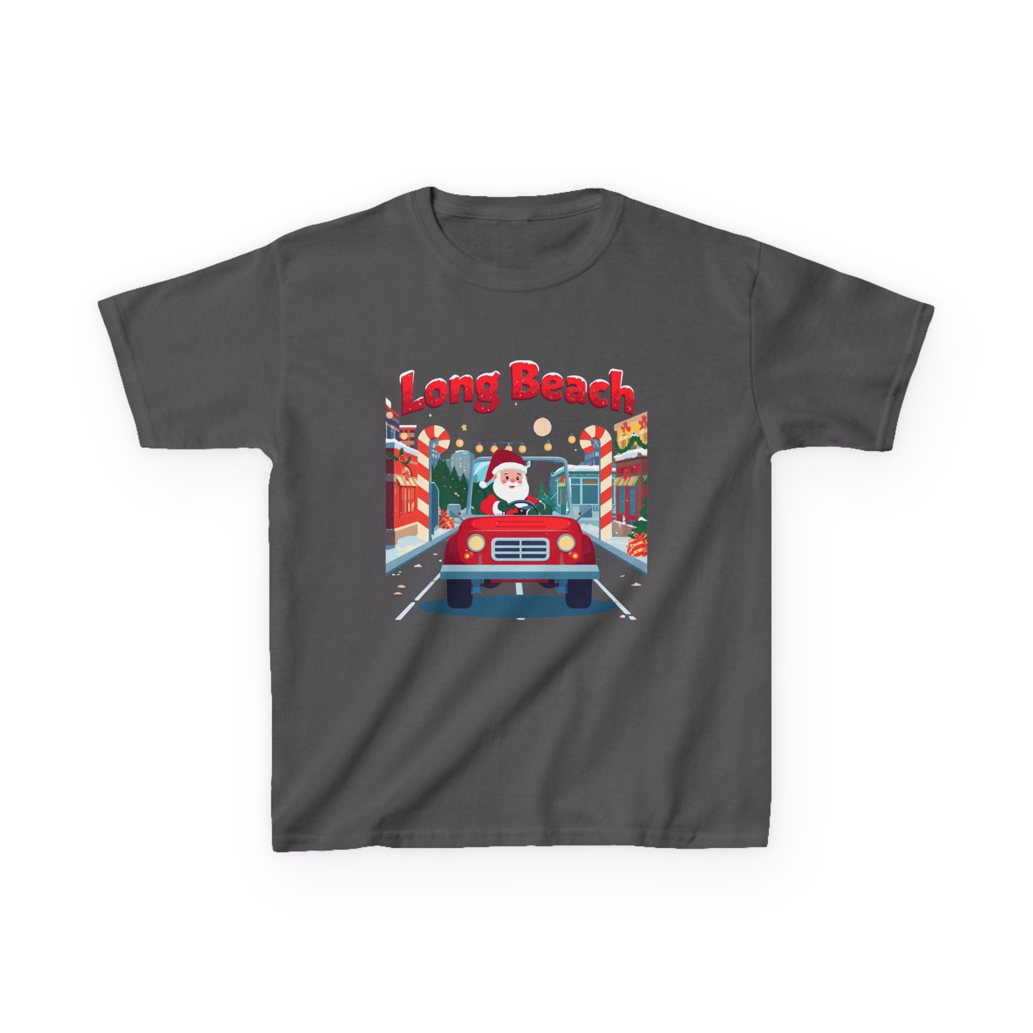Kids Long Beach Christmas Santa Car Shirt – Cute Holiday Youth Tee | Santa Driving Graphic | California Christmas Kids T-Shirt | Gildan 5000B